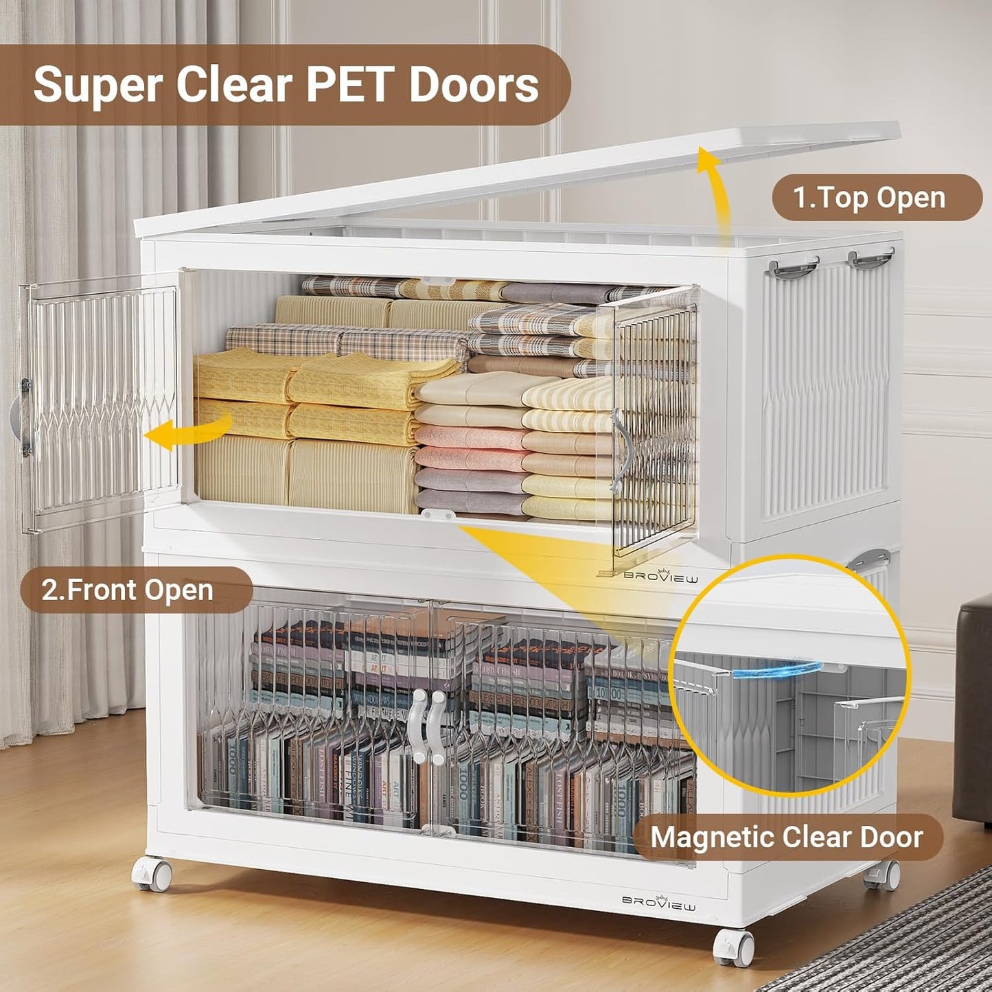 800Qt Extra Large Stackable Storage Bins with Lid, Closet Organizer Collapsible Drawer Boxes with Wheels, Folding Plastic Cabinet Containers for Home Kitchen Room Organization, 4Pack White