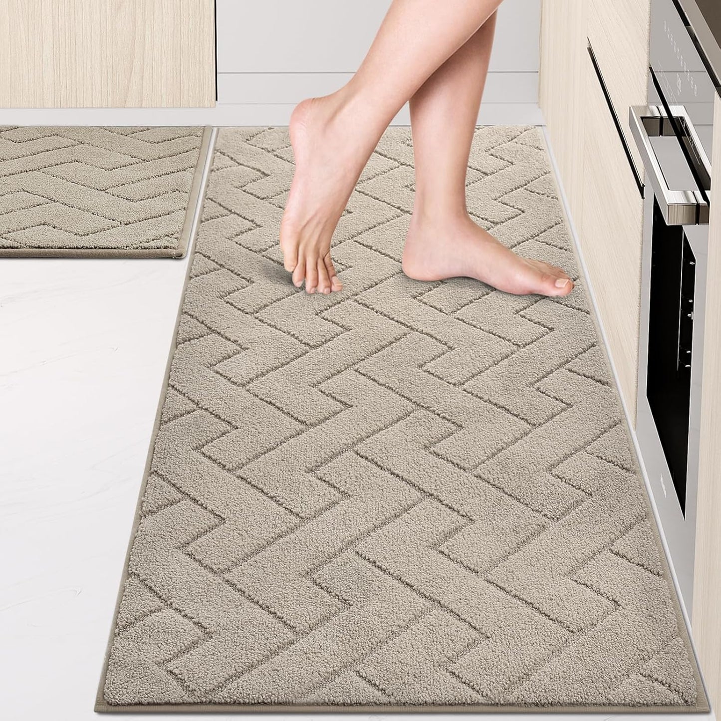 Machine Washable Kitchen Rugs Set (24" x 36"+24" x 60"), Non-Slip Kitchen Runner Rugs Mats for Floor, Absorbent Comfort Standing Mats for Kitchen, Sink and Hallway, Rolled Packaging, Taupe