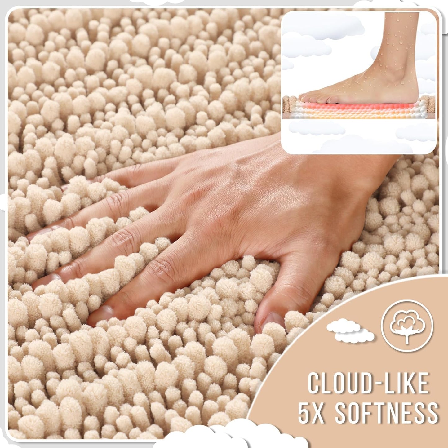 Yimobra Bathroom Runner Rug 55x24 Inch - Extra Long Non Slip Chenille Bath Mat, Soft & Absorbent, Machine Washable Shaggy Hallway Carpet for Vanity Tub Shower, Light Brown Home Decor Accessories