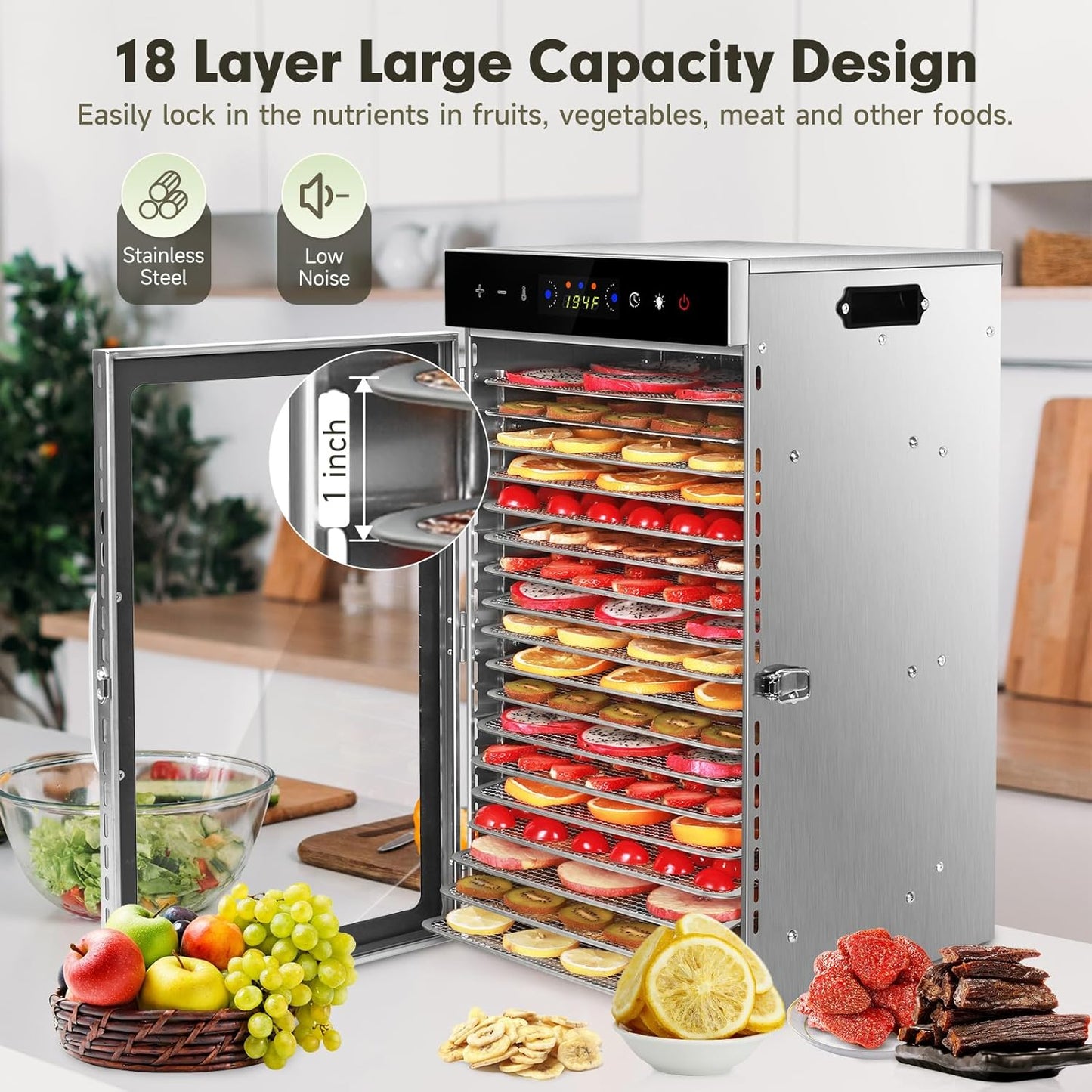 SUCISENI Food Dehydrator Machine 1000W 18 Trays Stainless Steel Commercial Food Dehydrated Dryer with 24H Timer Touch-Control LED Display, Compact Size for Home Jerky Herbs Meat Beef Fruit Vegetables
