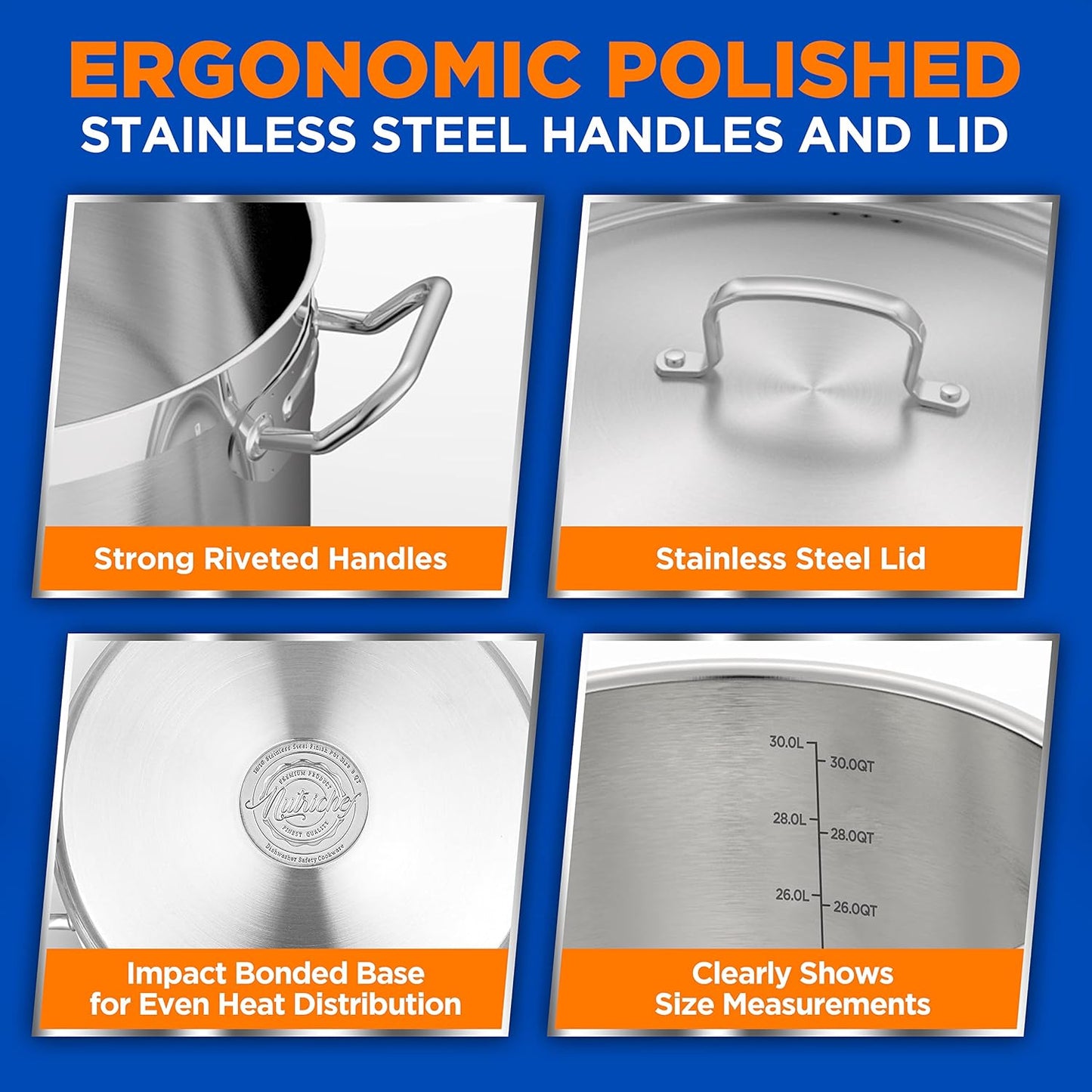 Nutrichef Stainless Steel Cookware Stockpot, 30 Quart Heavy Duty Induction Soup Pot With Stainless Steel Lid And Strong Riveted Handles, Even Heat Distribution, Compatible With Most Cooktops