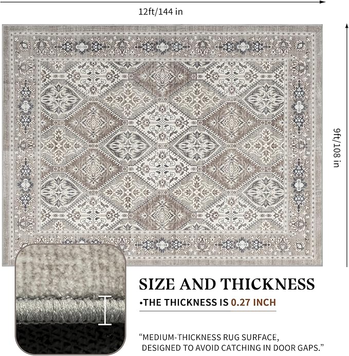 Area Rug for Living Room - 9x12 Vintage Taupe Neutral Washable Rug for Bedroom Dinning Room - Soft Low-Pile Oriental Carpet Non-Slip Tan Rugs for Office - Soft Brown