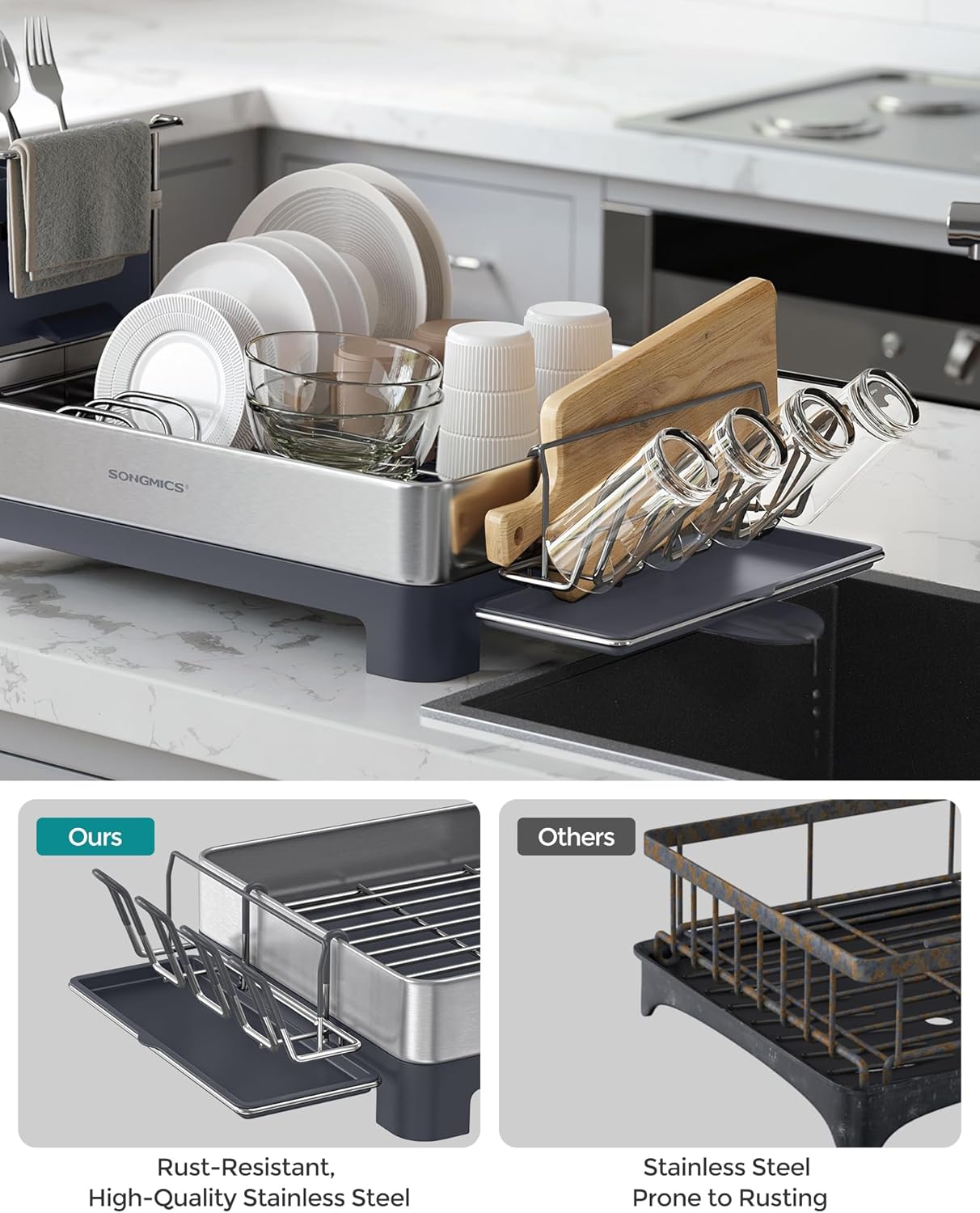 SONGMICS Large Dish Drying Rack, Premium Stainless Steel Dish Rack with Rotatable Spout, Fingerprint-Resistant Dish Drainers for Kitchen Counter, 12.5 x 22.5 in, Silver and Gray UKCS030E01