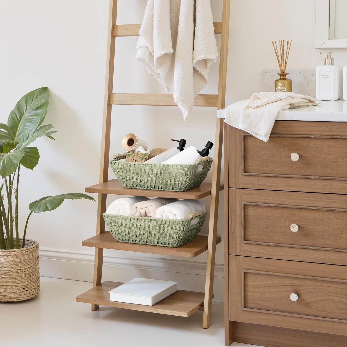 StorageWorks Large Wicker Storage Basket for Organizing with Wooden Handles, Toilet Paper Baskets for Bathroom, Bosana Green, 2-Pack