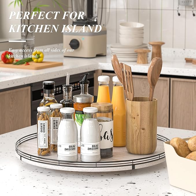 24" Lazy Susan Wood Turntable Organizer for Kitchen Decor, Farmhouse Round Wooden Larger Lazy Susan Organization and Storage for Cabinet, Dining Table, Bathroom, Countertop, Centerpiece,Whitewashed