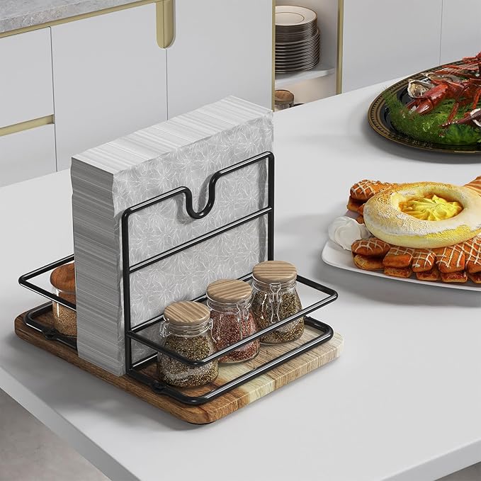 Napkin Holder for Table, 2 IN 1 Napkin Holders That Can Hold Salt Jar and Pepper Jar, Napkin Dispenser, Modern Dining Table Decor, Metal Racks and Wooden Bases, Burlywood
