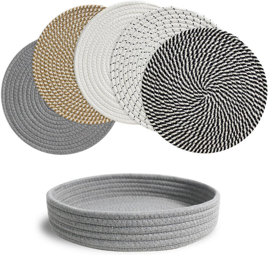 RIOOP 10 Inches Trivets for Hot Dishes, Pots and Pans with Storage Basket, 5 Heat Resistant Large Coaster for Kitchen, Hot Pads Mats for Countertops Table Kitchen Essentials Farmhouse Halloween Decor