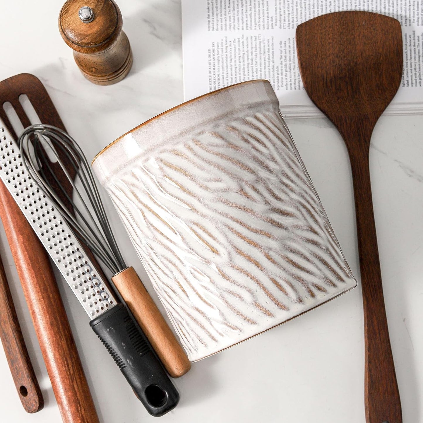 HVH Kitchen Utensil Holder for Countertop, 6 x 7 inch Large Utensils Holder, Ceramic Utensil Crock, Farmhouse Kitchen Décor, Big Utensil Holder, Deep and Heavy, Texture (Sand Color)