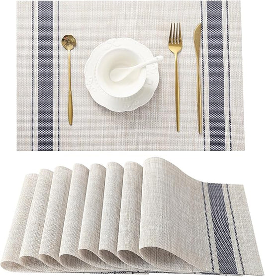 Leetaltree Khaki-Blue Placemats, Heat Resistant Non-Slip Place mats for Dining Table, Washable Durable PVC Vinyl Woven Table Mats (Set of 8)
