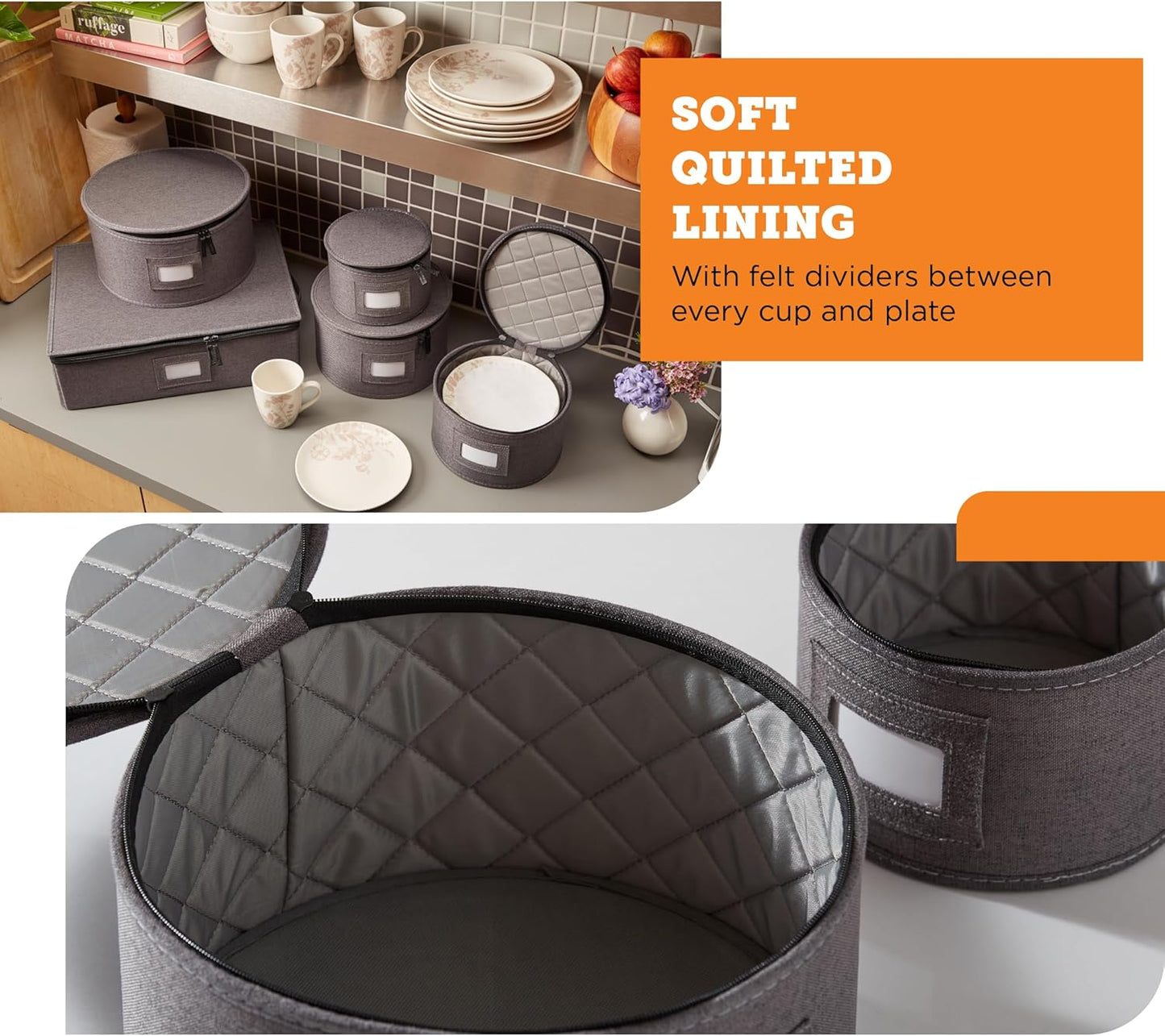 storageLAB China Storage Containers, Hard Shell Case with Felt Dividers for Charger Plates, and Dishes, Ideal for Kitchen Organization, Moving Supplies, and Fine China Storage - 5-Piece Set, Gray