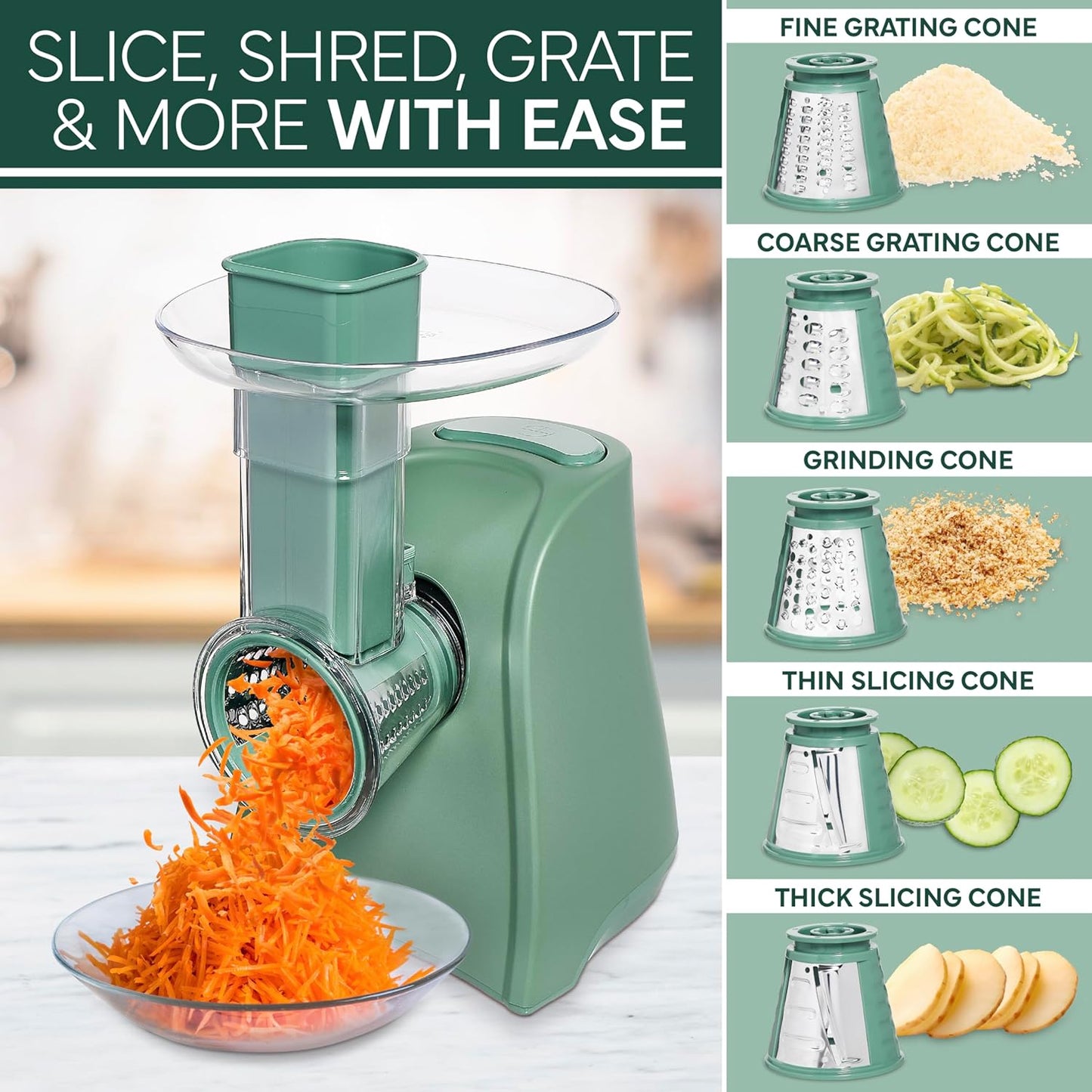 COOK WITH COLOR 5-in-1 Electric Slicer, 150W Food Prep Machine – Cheese Shredder, Fine & Coarse Graters, Potato Grater, Vegetable Slicer, Fruit, Salad Shooter, Compact Design for Bowl Prep, Green