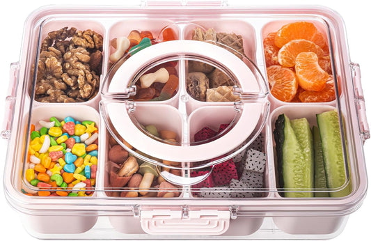 Divided Serving Tray with Lid and Handle - Snackle Box Charcuterie Container for Portable Snack Platters Organizer for Candy, Fruits, Nuts, Snacks - Perfect for Party, Entertaining, Pink