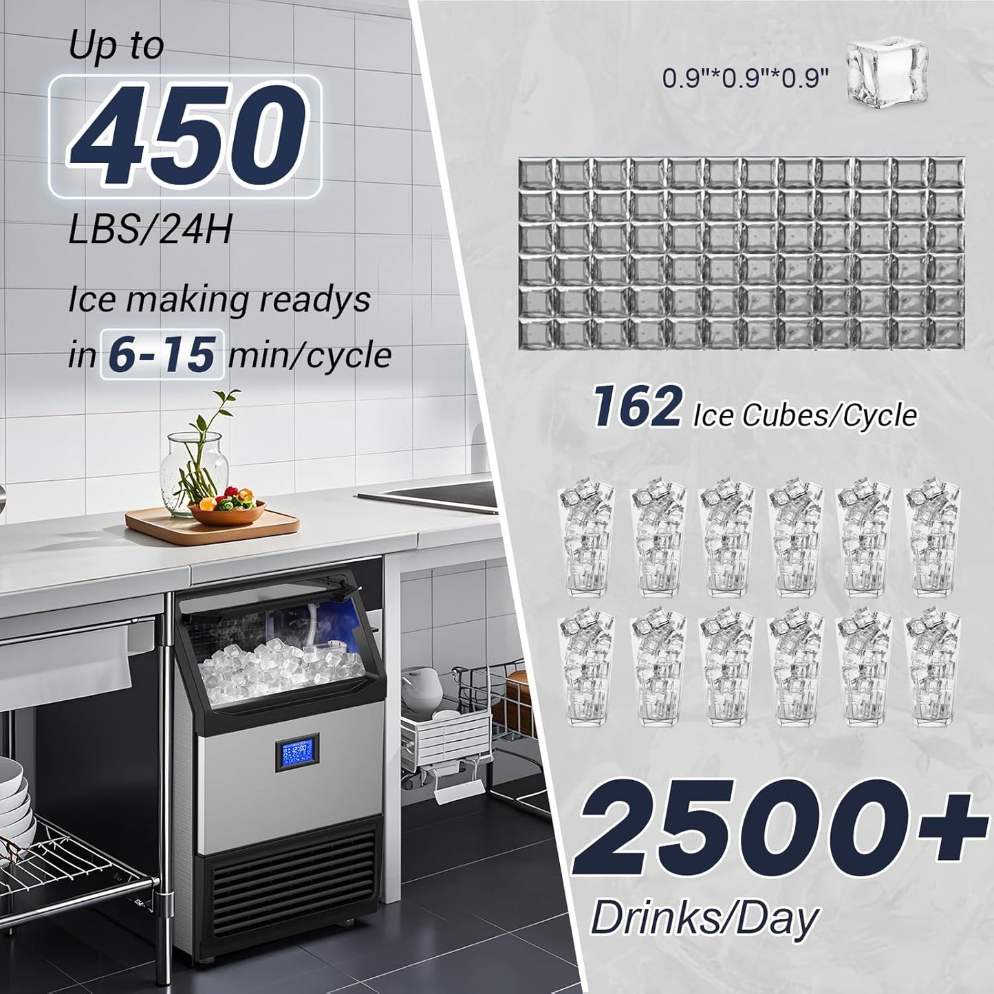 450Lbs/24H Under Counter Commercial Ice Machine with 160LBS Large Storage Bin, Stainless Steel Freestanding Ice Maker for Home Bar Cafe, Include Water Filter and Ice Scoop,Self Cleaning