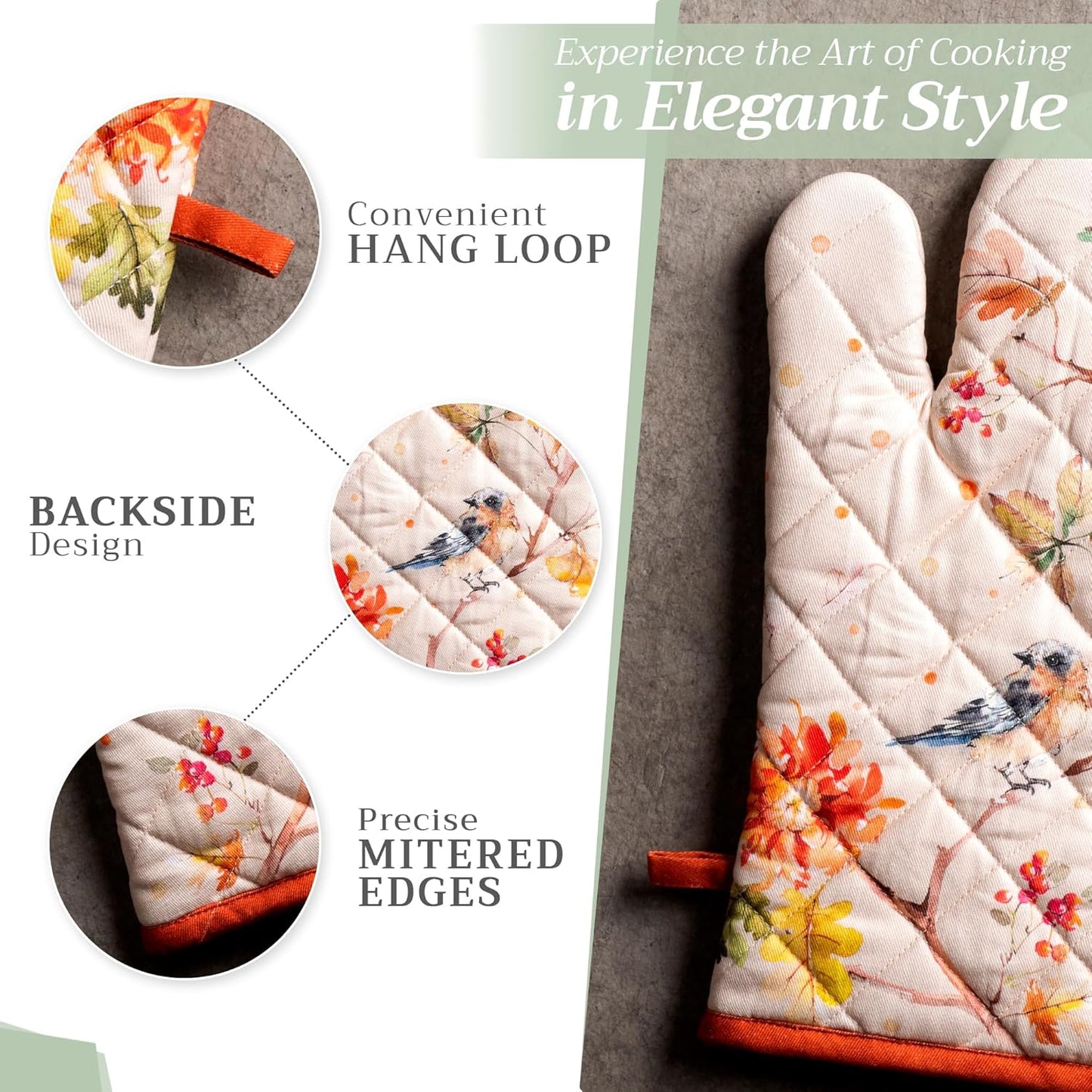 Maison d' Hermine 100% Cotton Oven Mitt & Pot Holder Set (7.5"x13" & 8"x8") Heat Resistant BBQ Cooking Gloves with Loop, Baking, Grilling, Kitchen, Handling Hot Pans (Kelim - Prairie)