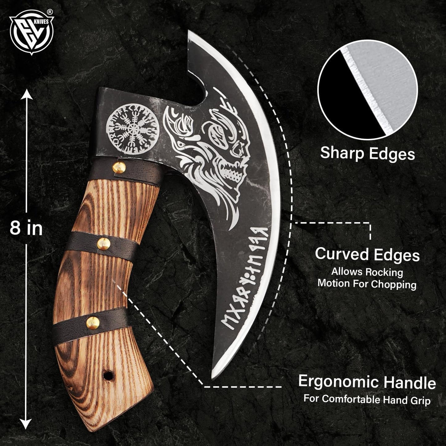 Edgelandknives® Multipurpose Viking Pizza Axe with Sheath, Viking Butcher Axe, Viking Pizza Cutter Axe - Burned Wood Handle & Heavy Duty Viking Skull Head - Perfect for Cutting Pizza, Meat, Vegetables