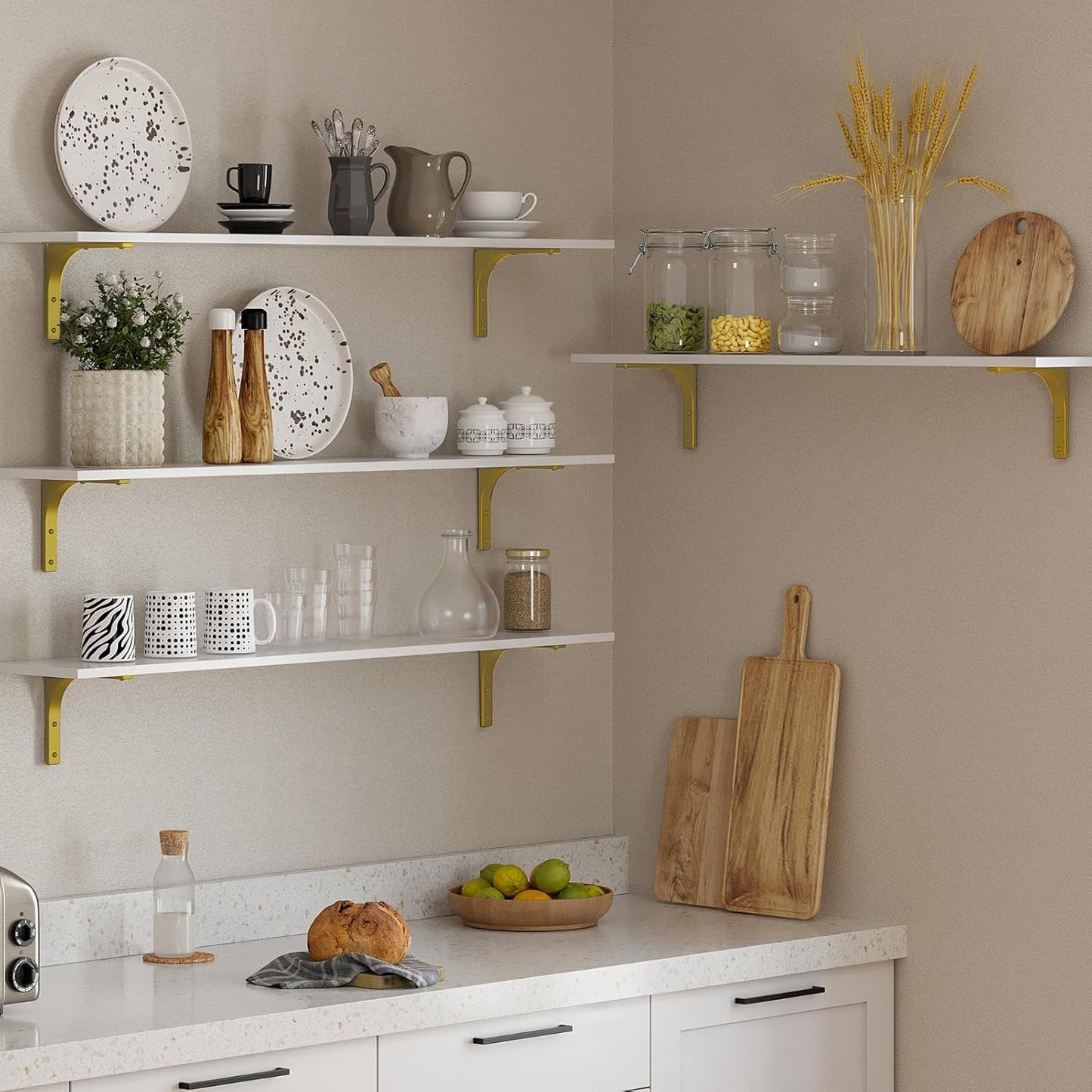 DINZI LVJ Long Wall Shelves, 47.3" Wall Mounted Shelves Set of 4, Large Floating Shelves for Wall with Metal Brackets, for Living Room, Bathroom, Bedroom, Kitchen, White and Gold