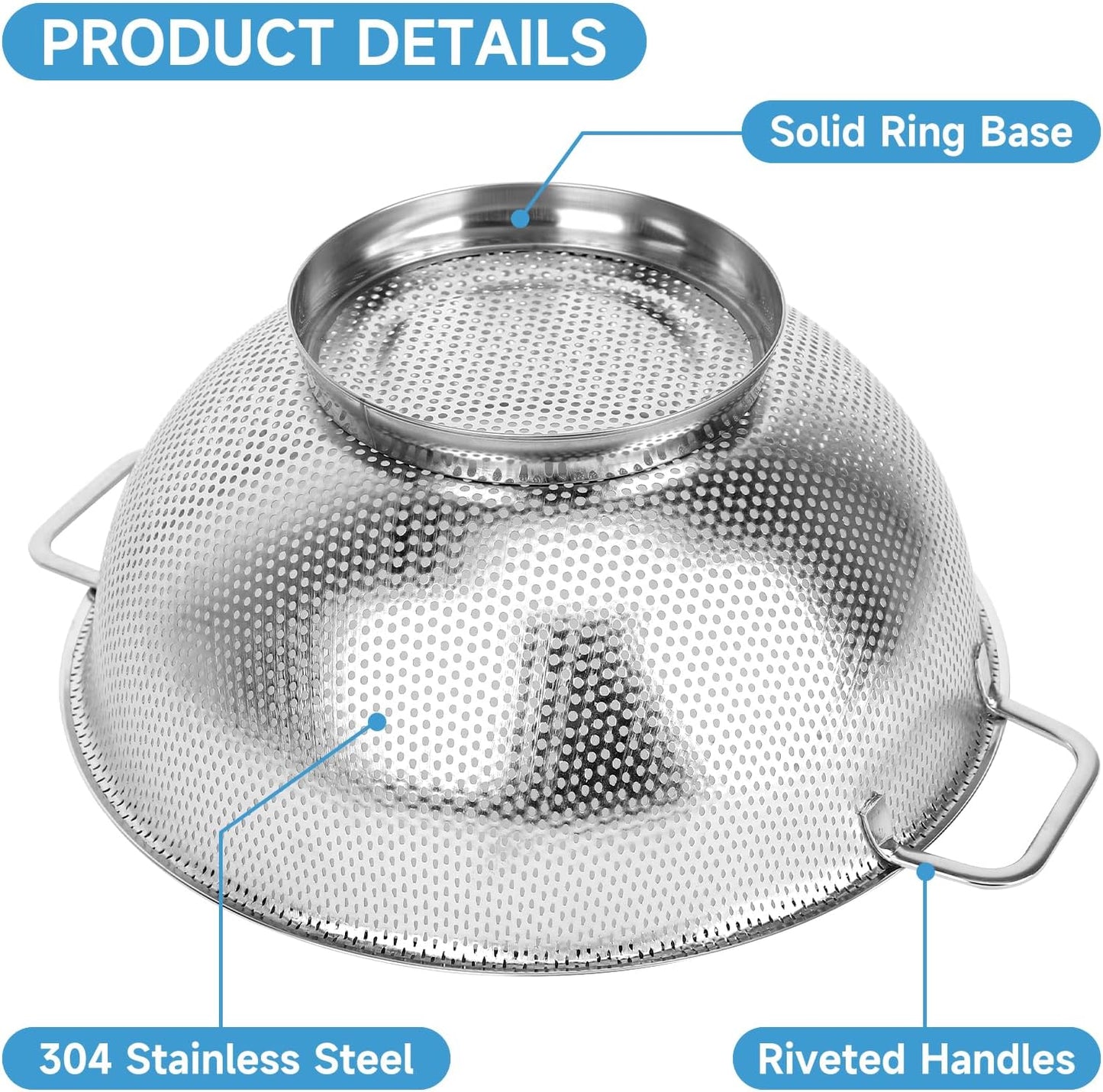 3PCS Colander for Kitchen, 3QT & 4QT & 5QT, Stainless Steel Colander Strainer with Handle for Fruits Vegetables Cooking Food, Dishwasher Safe