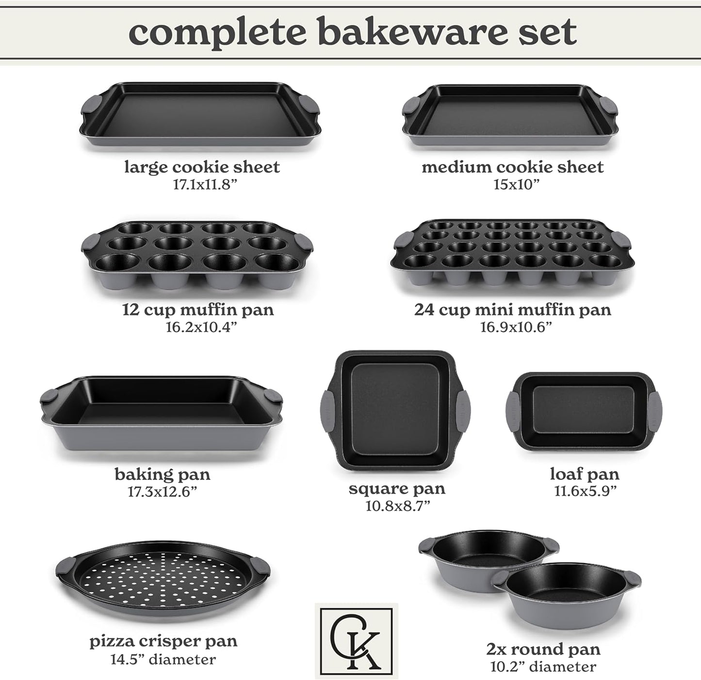 Country Kitchen Nonstick Stackable Bakeware Set - Heavy Duty, Durable, Easy Release Baking Set, Grey, 10 Pcs