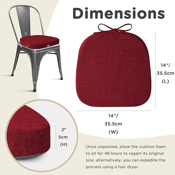 AddGrace Set of 4 Chair Cushions for Metal Dining Chairs 14x14 Chair Pads with Ties Non Slip Thick Seat Cushions with Textured and Removable Cover Red