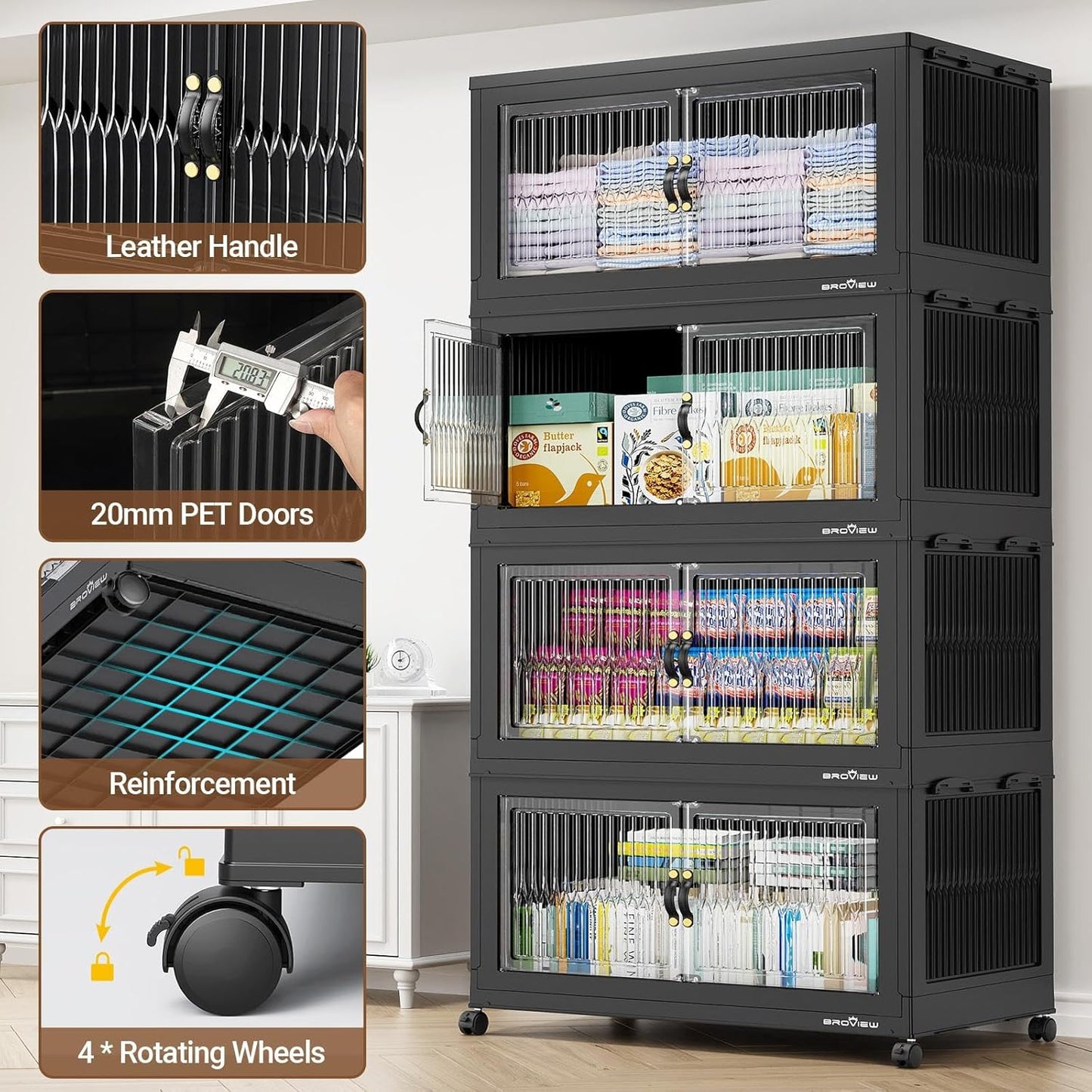 800Qt Extra Large Stackable Storage Bins with Lid, Closet Organizer Collapsible Drawer Boxes with Wheels, Folding Plastic Cabinet Containers for Home Kitchen Room Organization, 4Pack Black