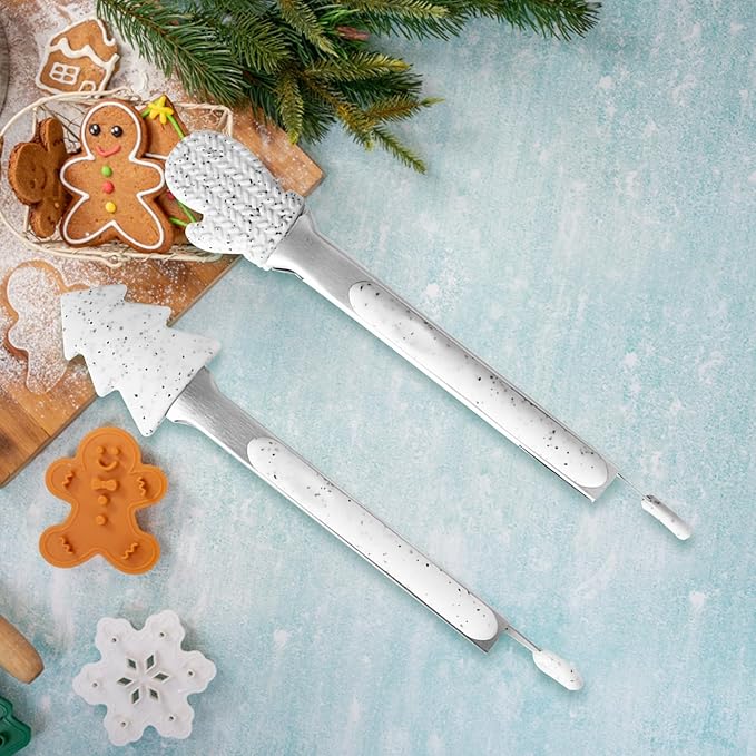 NileHome Christmas Kitchen Tongs, 2 Pack 10" Professional Stainless Steel Metal Tongs – Heat-Resistant for Grilling, BBQ, Serving Salad, Pasta, and Kitchen Use, Dishwasher Safe, White