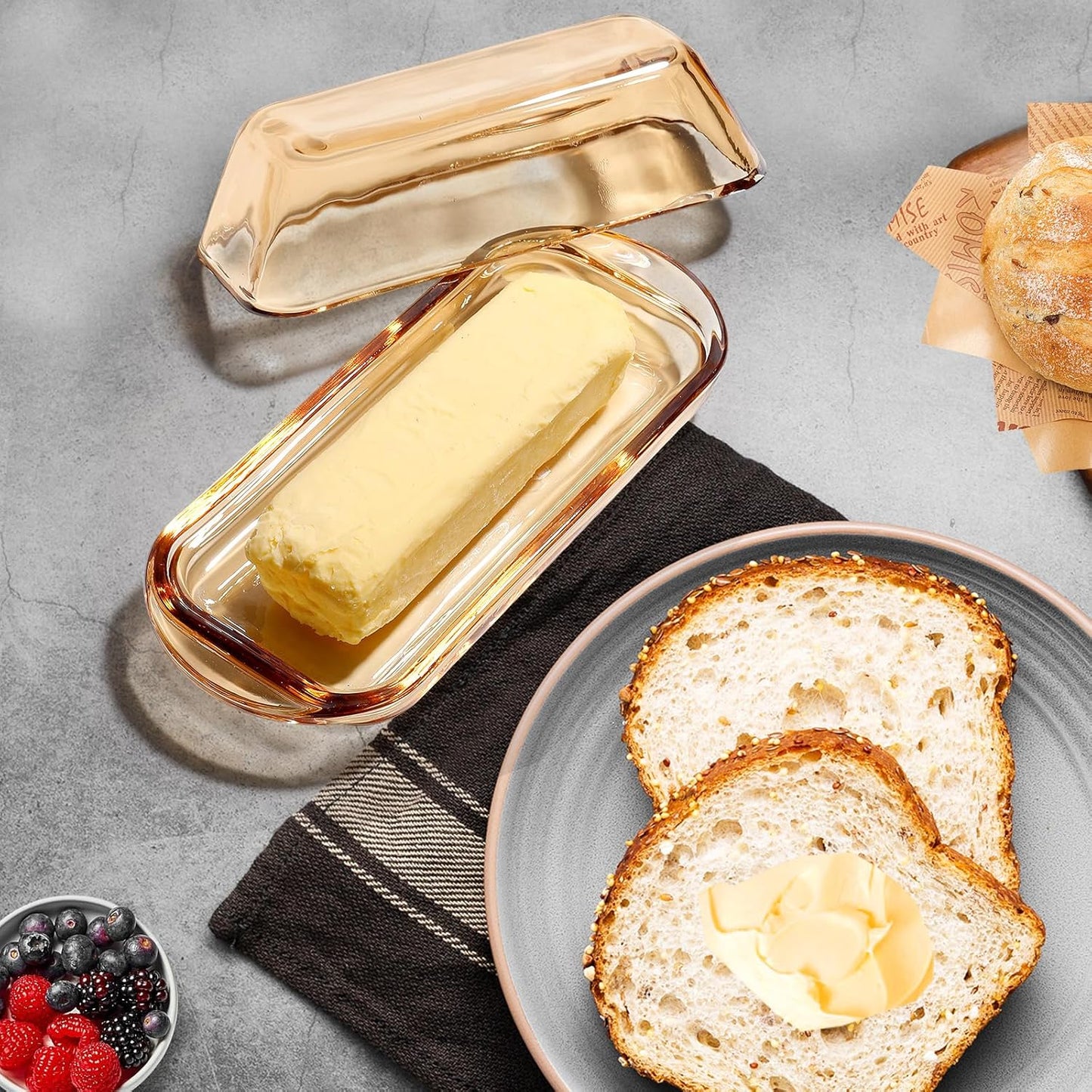 Glass Butter Dish Butter Keeper and Butter Holder for Fridge,Butter Dish with Lid for Countertop,Vintage Container for Counter,Butter Tray on Counter (Amber-7)
