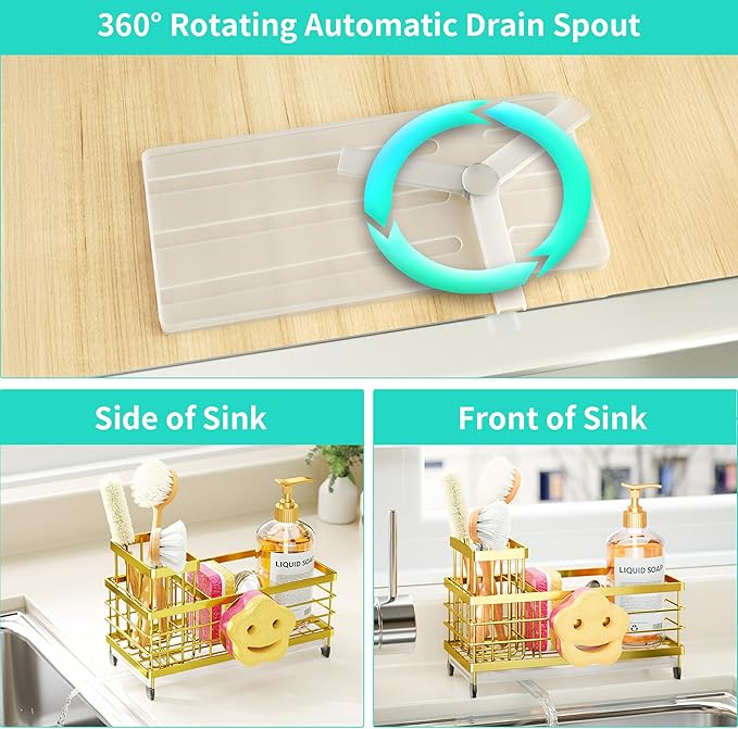 HapiRm Sink Caddy Sponge Holder - Self-draining Kitchen Sink Organizer with Smiley Face and Brush Holder, Stainless Steel Kitchen Organizer for Countertop - Gold