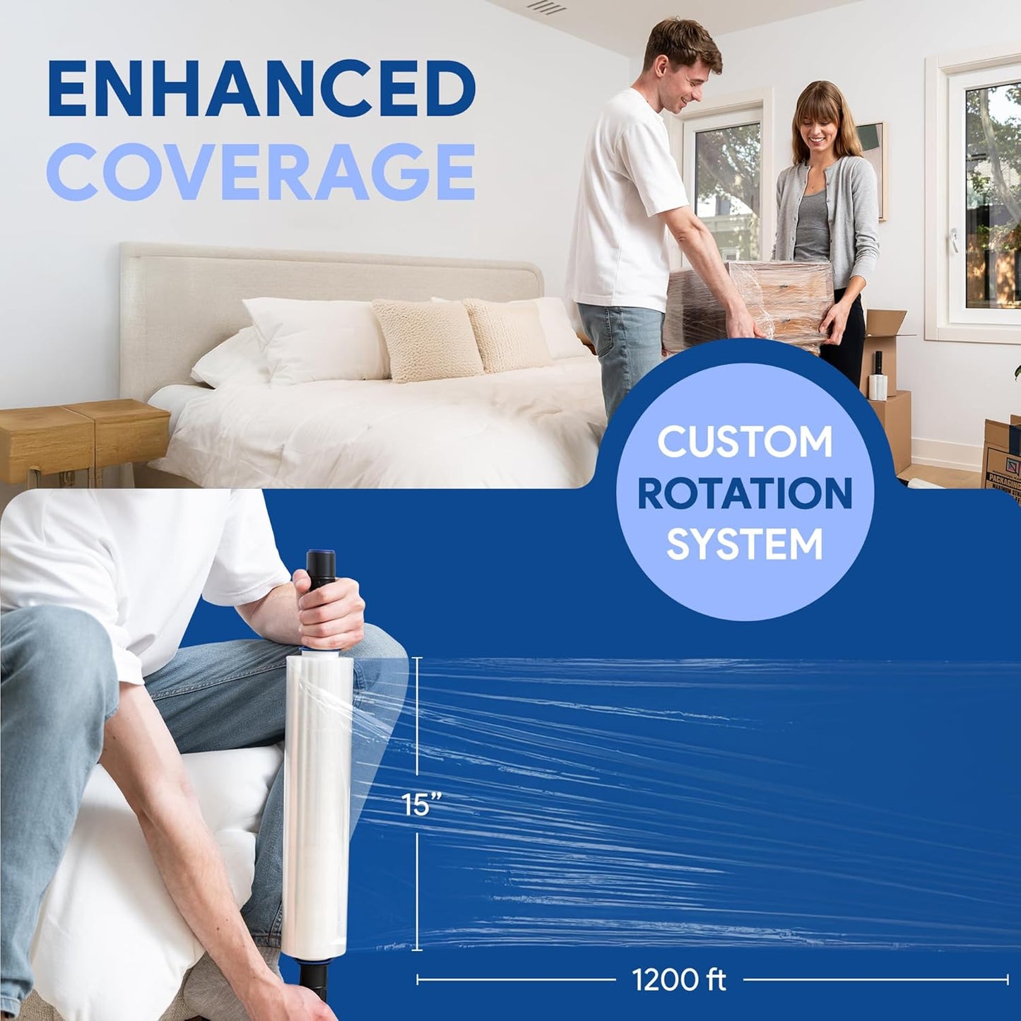 International Plastics Co. 2 Pack 15" Plastic Stretch Film Wrap with Extended Tension Handles 1200ft Each 500% Stretch Clear Cling Durable Adhering Packing Moving Heavy Duty Pallet Shrink