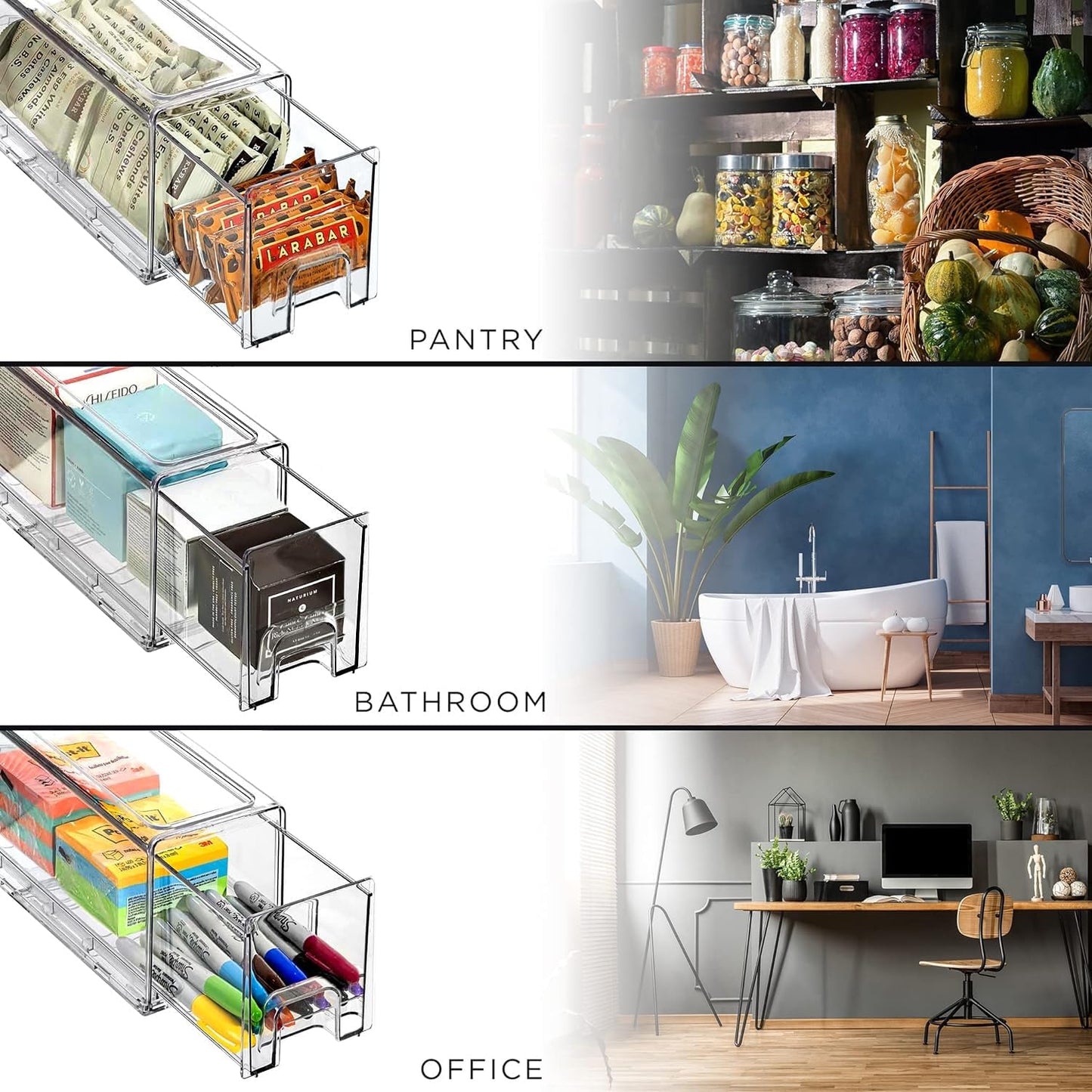 Sorbus Large Clear Storage Drawers (4 Pack) – Stackable Pull-Out Storage Bins with Handles, Slide Out Organizer Drawers for Pantry, Fridge, Kitchen – Acrylic Drawer Organizers
