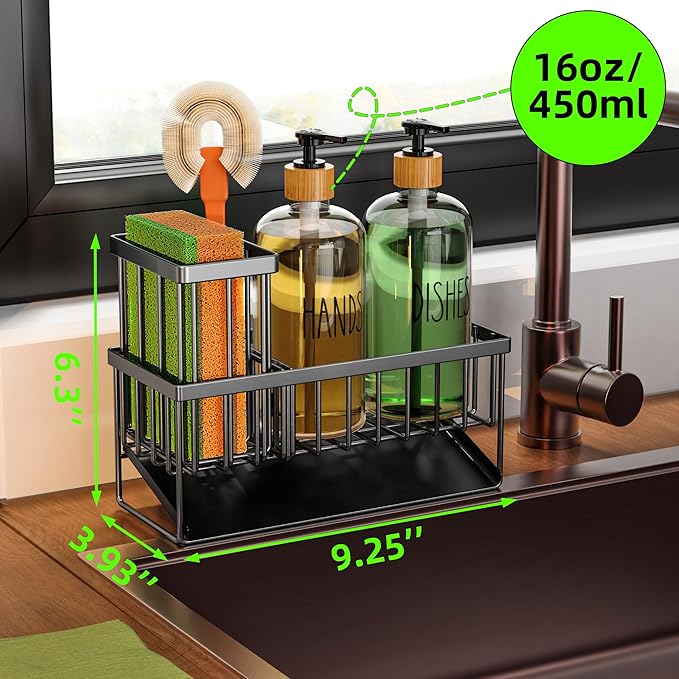 Cisily Kitchen Dish Soap Dispenser Set with Black Sponge Holder and 2 Pack 16.9oz Clear Glass, Dish Soap Dispensers for Hitchen Sink, Vintage Hand and Dish Soap Dispensers Set