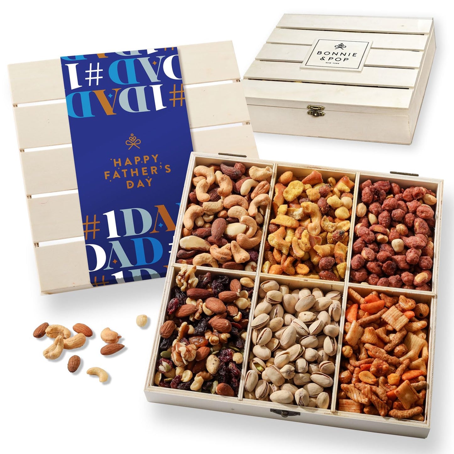 Fathers Day Gift Basket, Nut Gift Basket in Reusable Wooden Crate, Healthy Gift Option, Gourmet Snack Food Box, with Unique Flavors, Great for Dad, Father, Grandfather, Bonnie & Pop