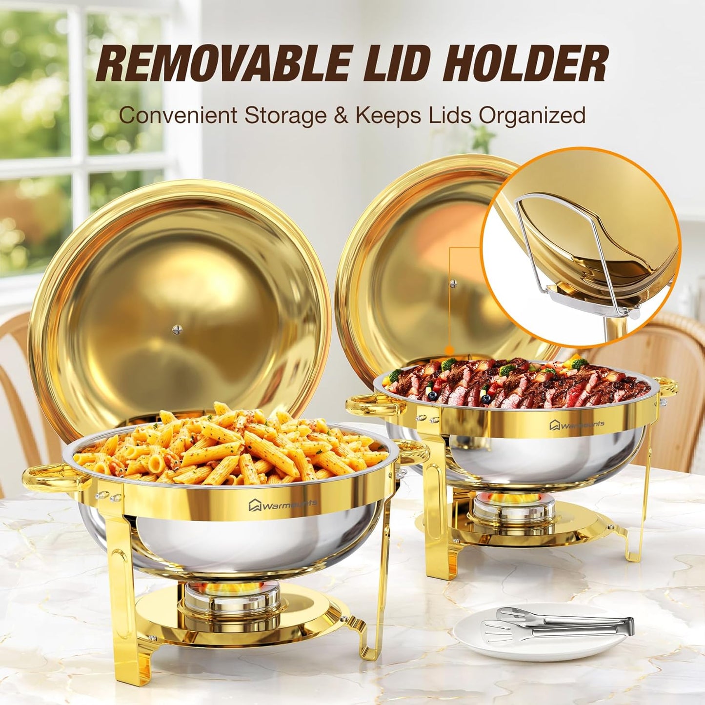 Gold Chafing Dishes for Buffet (5QT, 4 Pack), Round Chafers and Buffet Warmers Sets with Lid Holder, Food-Grade Stainless Steel, Rolled Edge Design, for Catering Events, Parties, Weddings