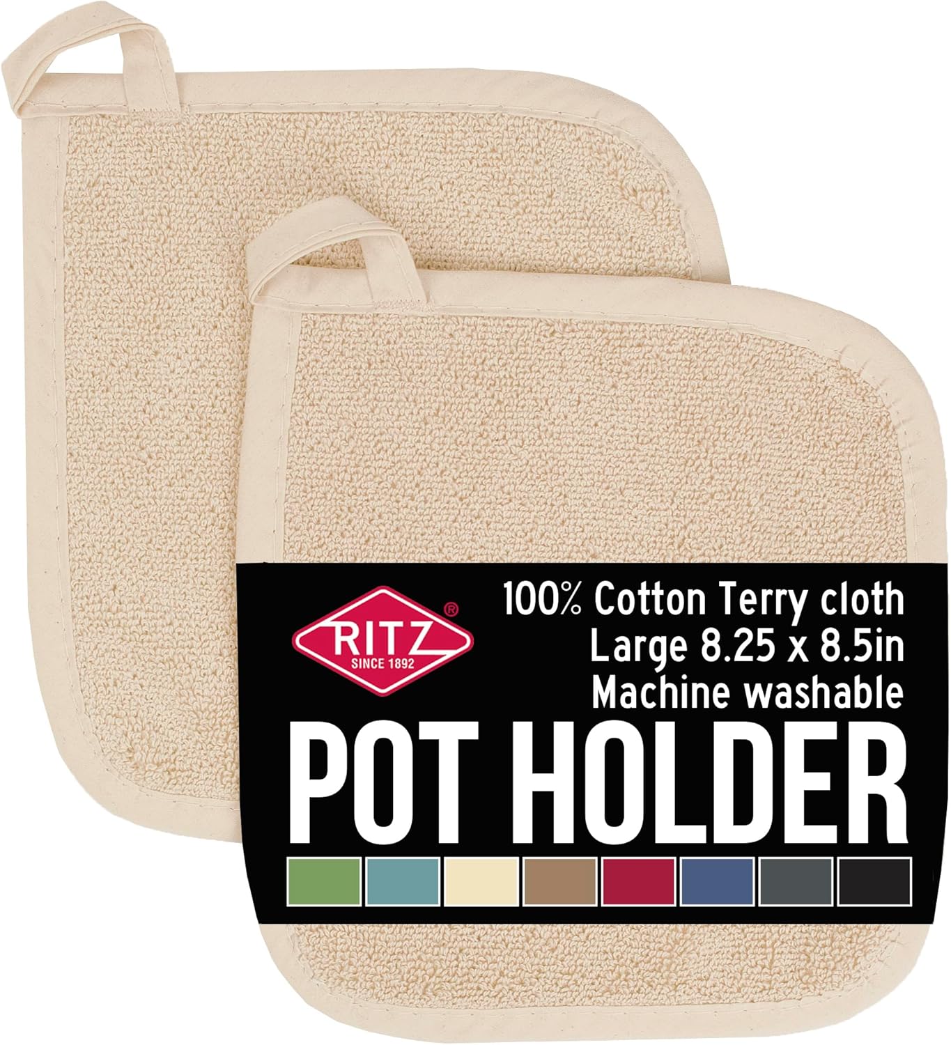 RITZ Terry Potholder & Hot Pad: Unparalleled Heat Resistant, Durable 100% Cotton – Ergonomically Designed for Optimal Grip – Easy-Care Machine Washable – 2-Pack, Latte