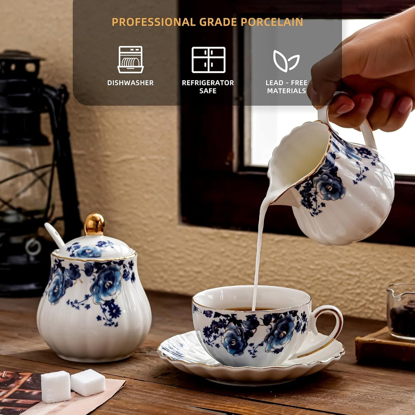 Ceramic Sugar and Creamer Set, 3 Piece with Cream Pitcher, Sugar Bowl with Lid and Spoon,Coffee and Tea Serving Set (White with blue flower)