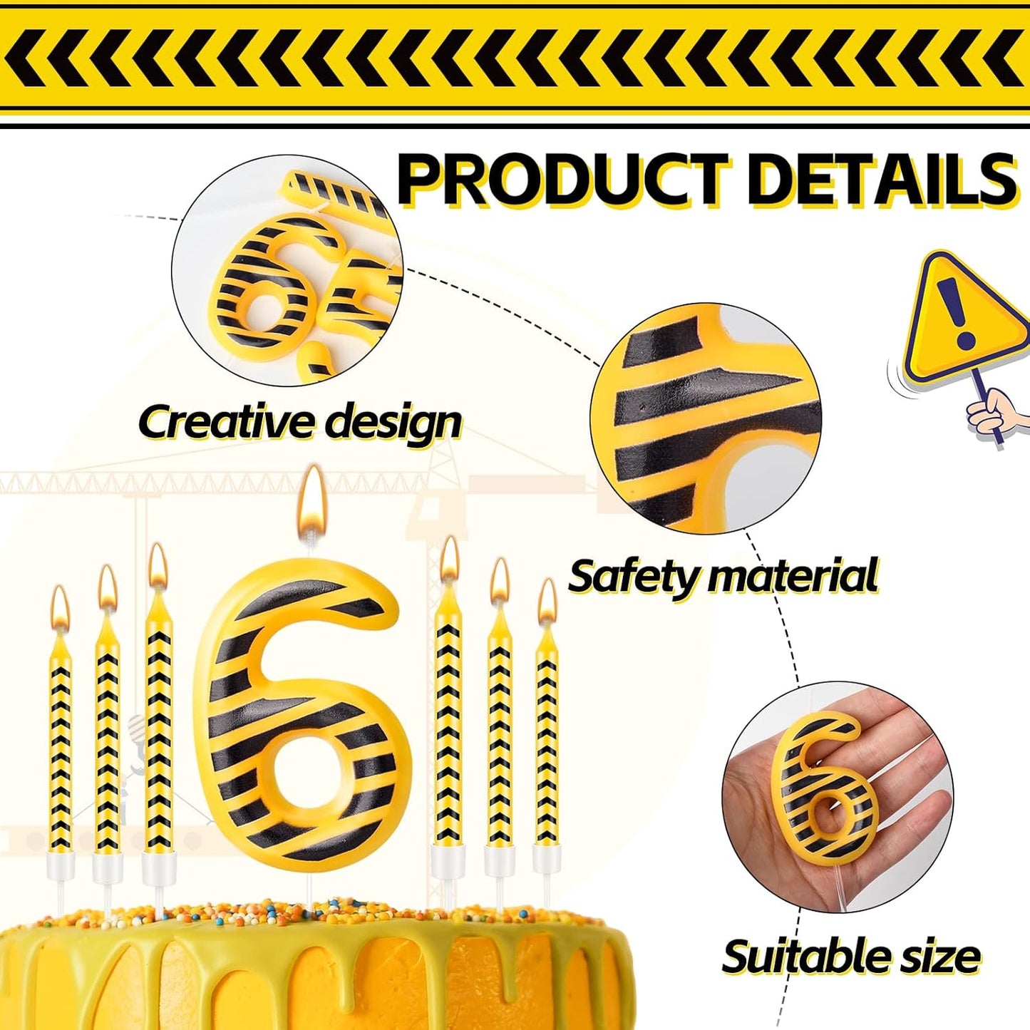 13 Pcs Construction Themed Birthday Candles Set Yellow and Black Number 6 Candle Cake Topper for Construction Party Decoration Supplies (Number 6)