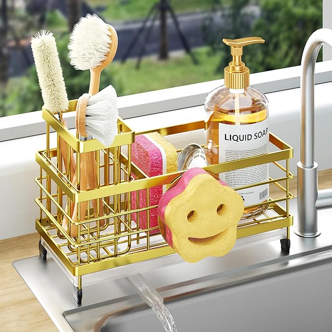 HapiRm Sink Caddy Sponge Holder - Self-draining Kitchen Sink Organizer with Smiley Face and Brush Holder, Stainless Steel Kitchen Organizer for Countertop - Gold