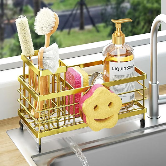 HapiRm Sink Caddy Sponge Holder - Self-draining Kitchen Sink Organizer with Smiley Face and Brush Holder, Stainless Steel Kitchen Organizer for Countertop - Gold
