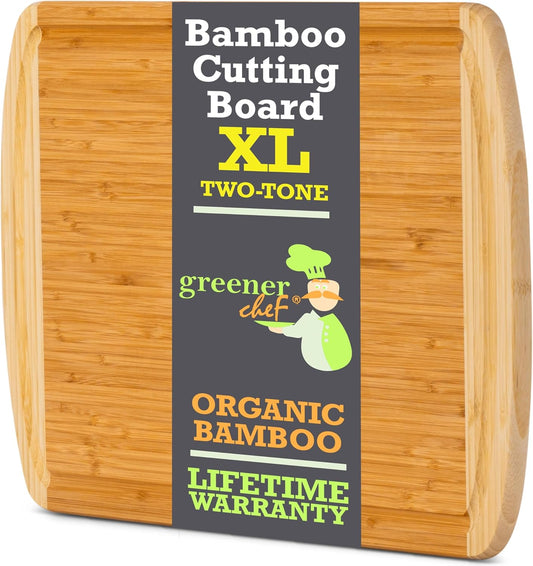 FSC® Certified Organic Extra Large Bamboo Cutting Board – 18 x 12.5 Inch – Reversible Wood Non Toxic Cutting Boards for Kitchen Prep, Meat, Charcuterie & Serving, Lifetime Replacments