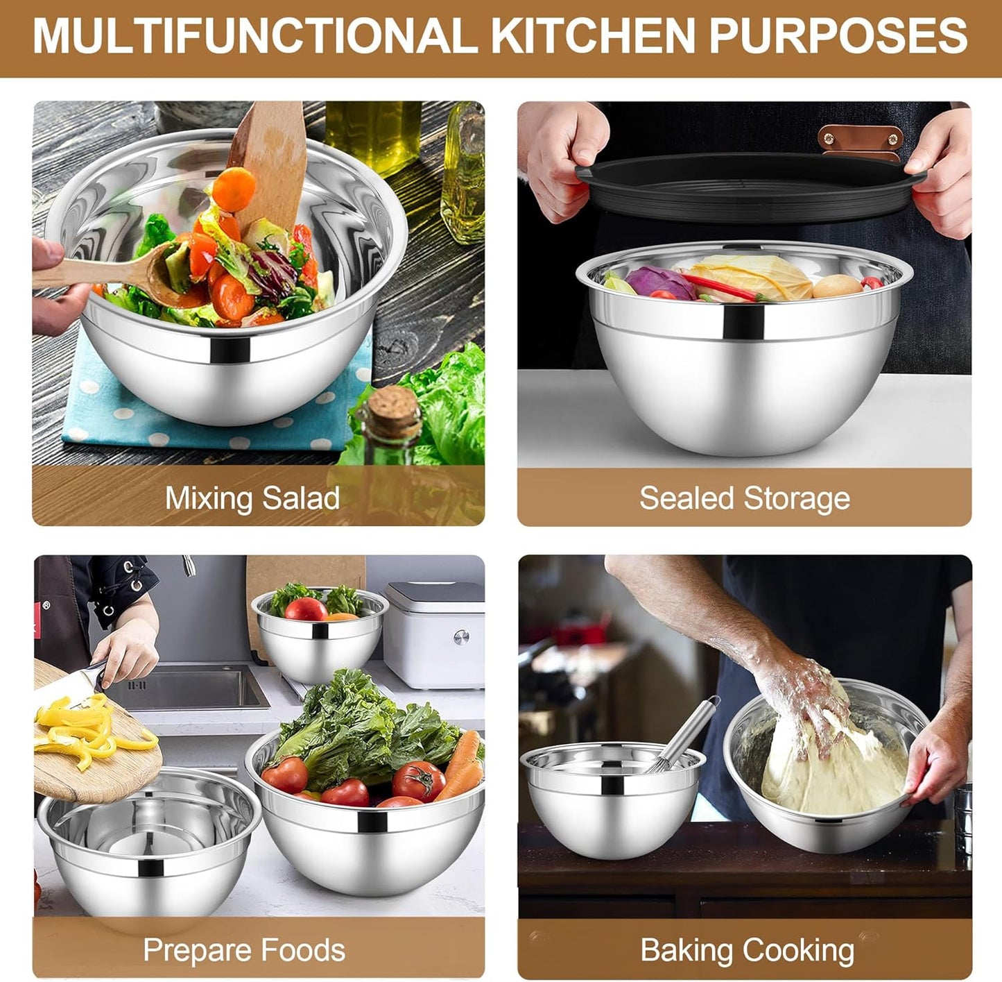 LIANYU Mixing Bowls with Airtight Lids Set, 6 Piece Stainless Steel Metal Kitchen Nesting Bowl, Size 7, 3.5, 2.5, 2, 1.5, 1QT for Prepping, Baking & Food Storage, Dishwasher & Freezer Safe, Khaki