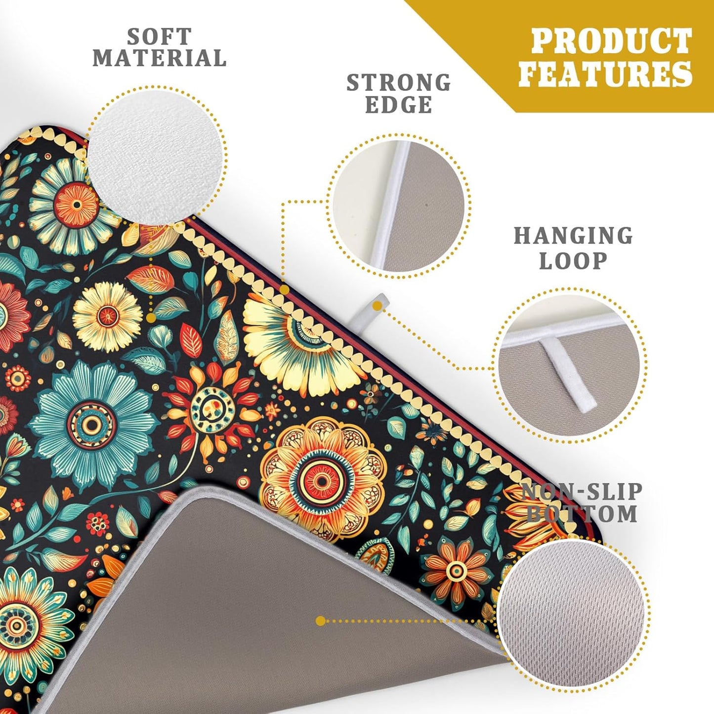 Boho Floral Dish Drying Mat for Kitchen Counter Absorbent Microfiber Flowers Drying Pad 18 X 24 In