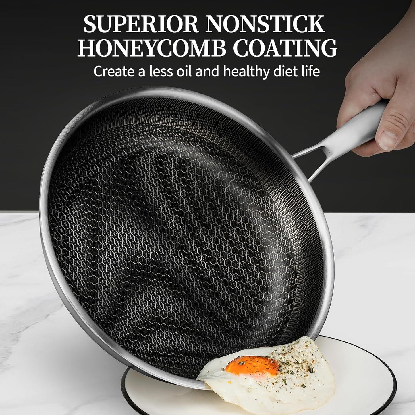 6 Pieces Stainless Steel Frying Pan Set with Lids, Honeycomb Nonstick Frying Pan Set 3 Pcs,Induction Skillet Set Egg Omelette Frying Pan Set W/Lid, Induction Compatible, PFOA Free