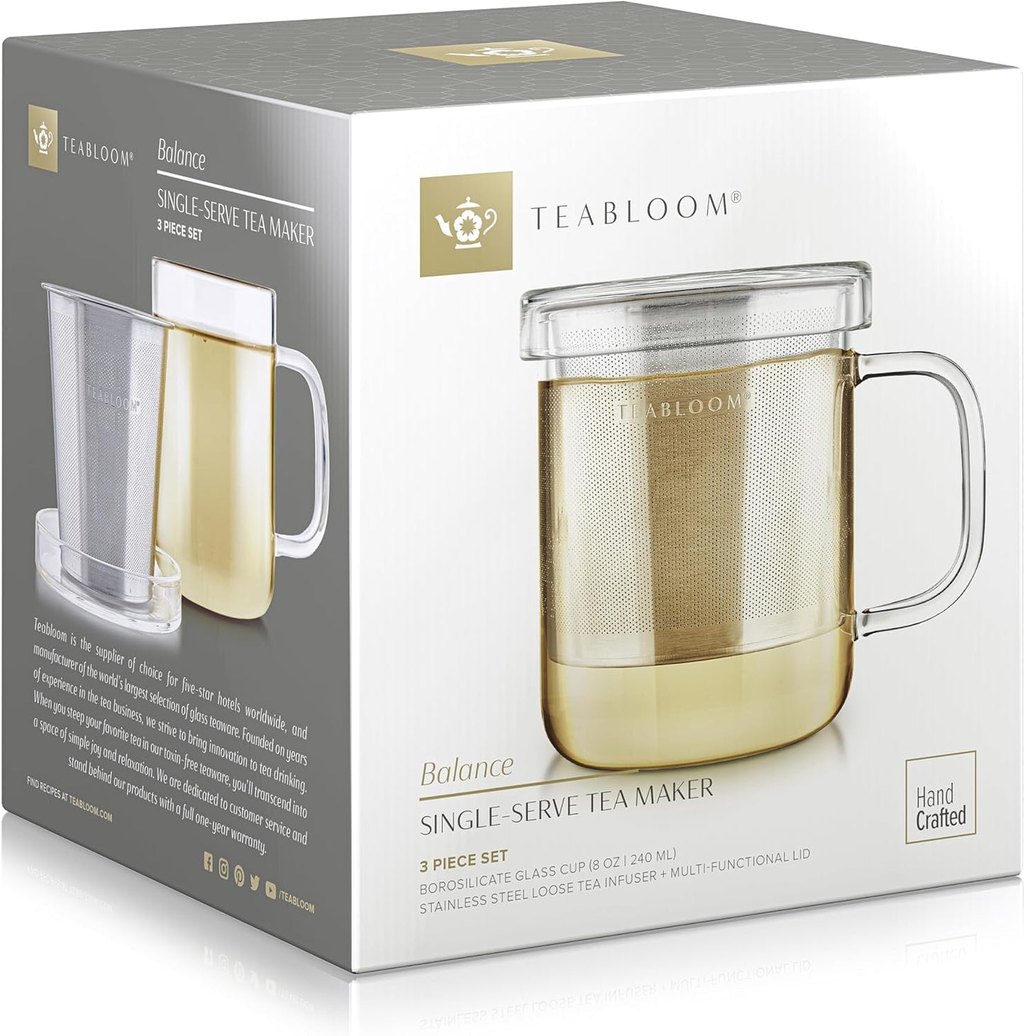 Teabloom Premium Borosilicate Glass Mug with Stainless Steel Loose Leaf Tea Infuser and Lid/Dish - 8 Ounces (240 mL)