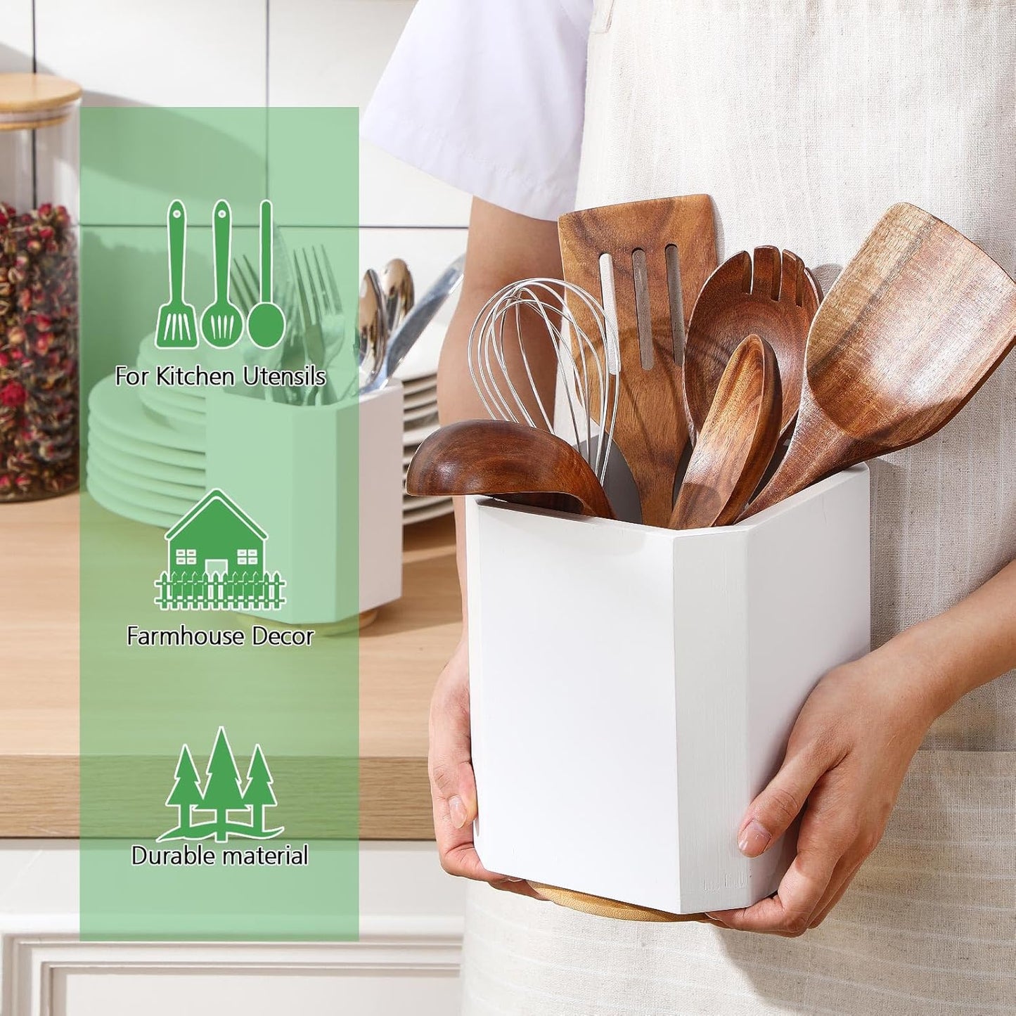 2 Pack Wooden Utensil Holder, 360°Rotating Kitchen Cooking Utensil Crock, Spoon Spatula Holder for Kitchen Counter, Farmhouse Countertop Organizer(White,Square)