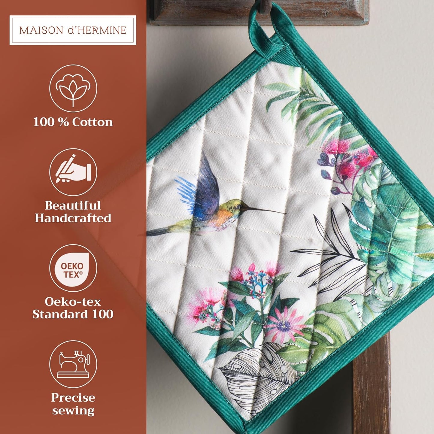 Maison d' Hermine Pot Holders Set 100% Cotton Heat Resistant Potholders 8" x 8" Hot Pads with Loop BBQ, Cooking, Baking, Grilling, Kitchen, Handling Hot Pans Spring/Summer (Pack of 2, Tropiques)