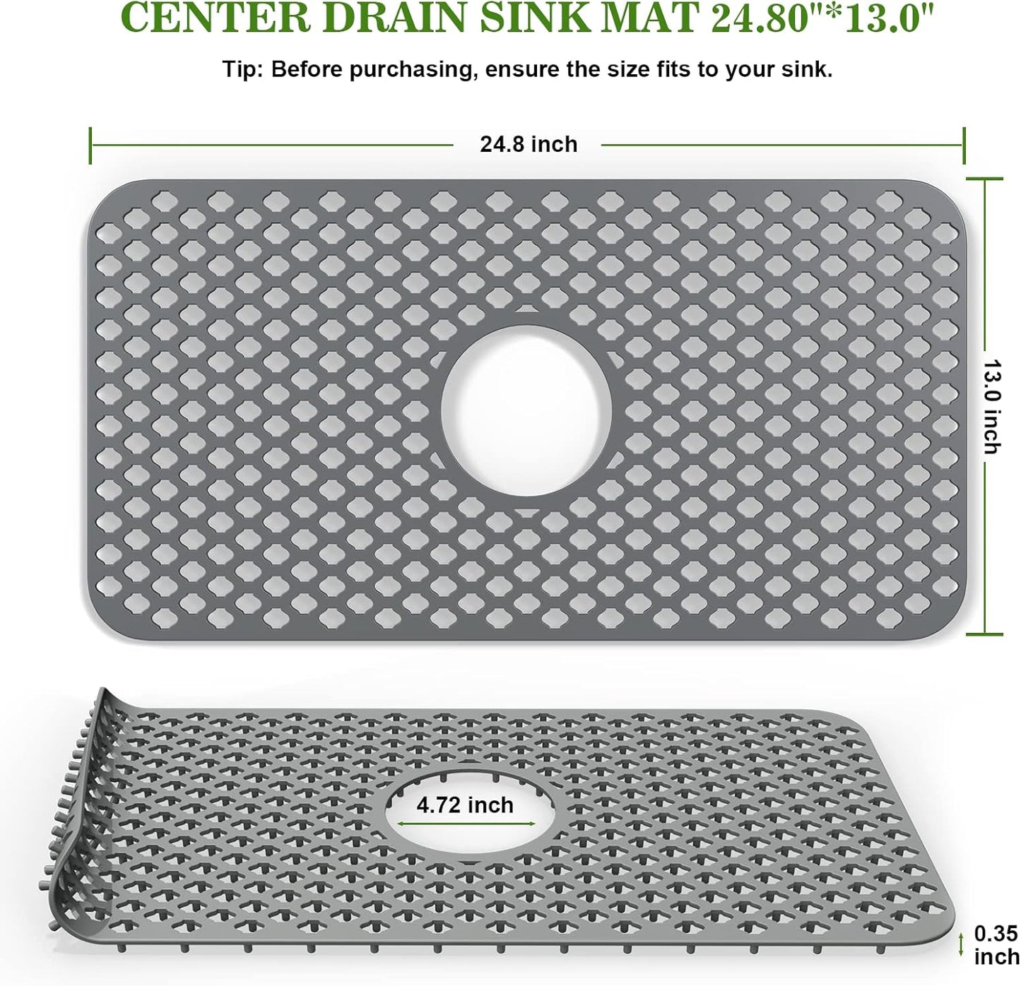 TOOVEM Silicone Kitchen Sink Mat with Non-slip, Stable, Farmhouse Sink Protector for Kitchen Stainless Steel Drainboard- Grey