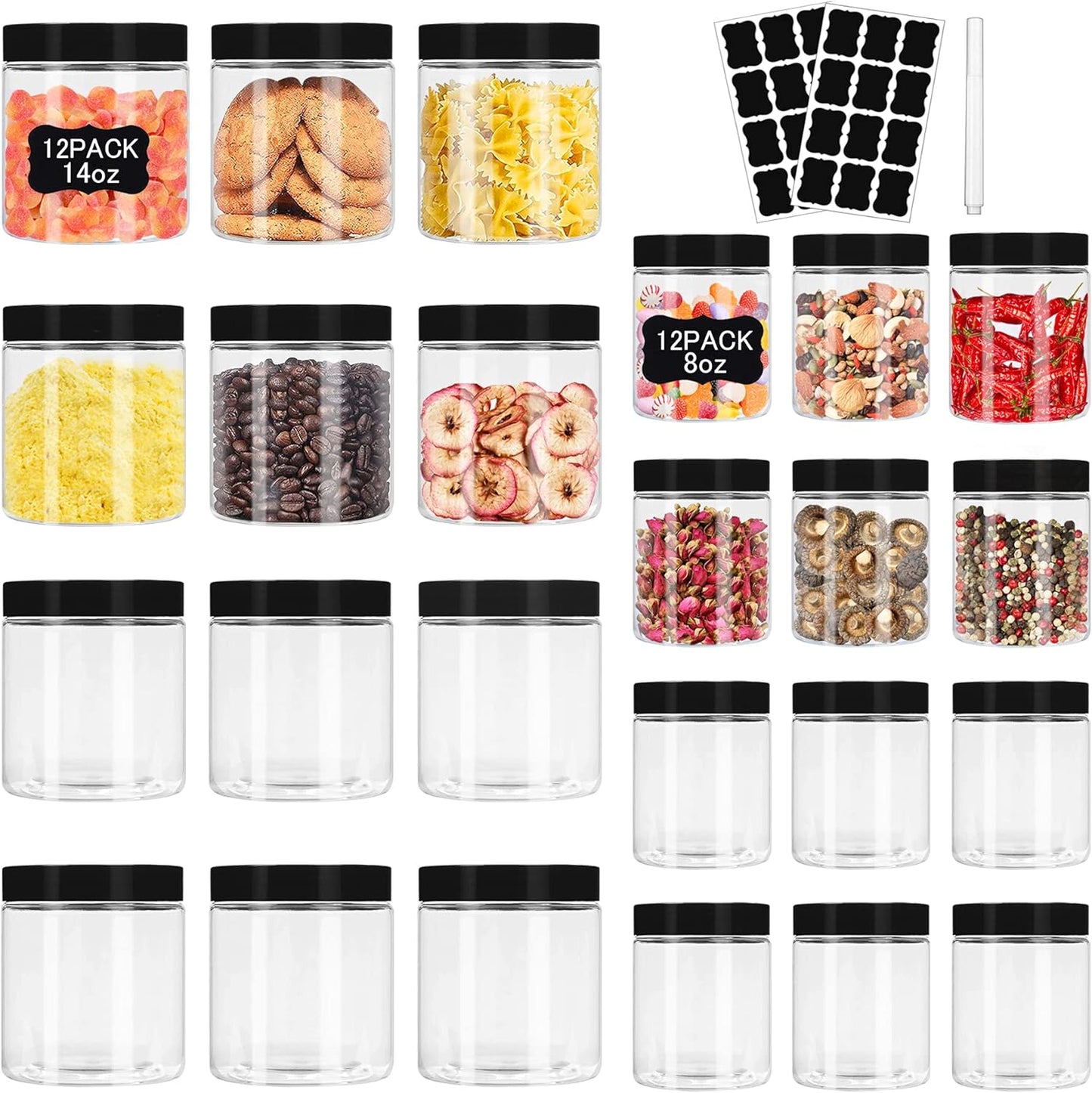 Plastic Jars with Lids 8 oz & 14 oz 24Pcs Clear Plastic Slime Storage Jars Containers with Airtight Leak Proof Black Screw On Lids Cylinder Clear Round Jar Food Grade Durable Jar