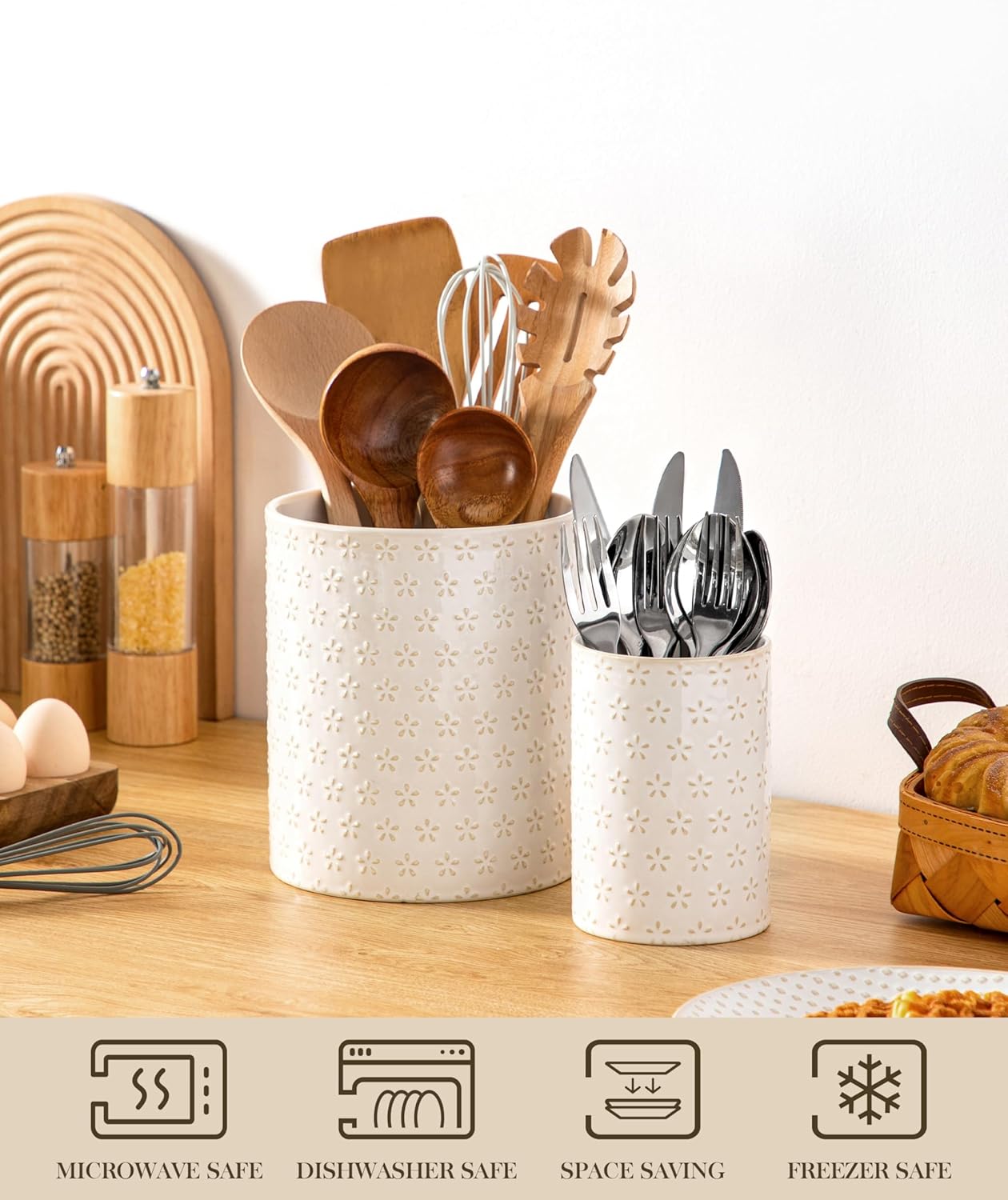 MALACASA LYDIA Ceramic Utensil Holders, 7.3"+5.5" Kitchen Utensil Crock Set for Countertop, Large & Small Utensil Organizers for Cooking Tools, Five-Leaf Grass Pattern