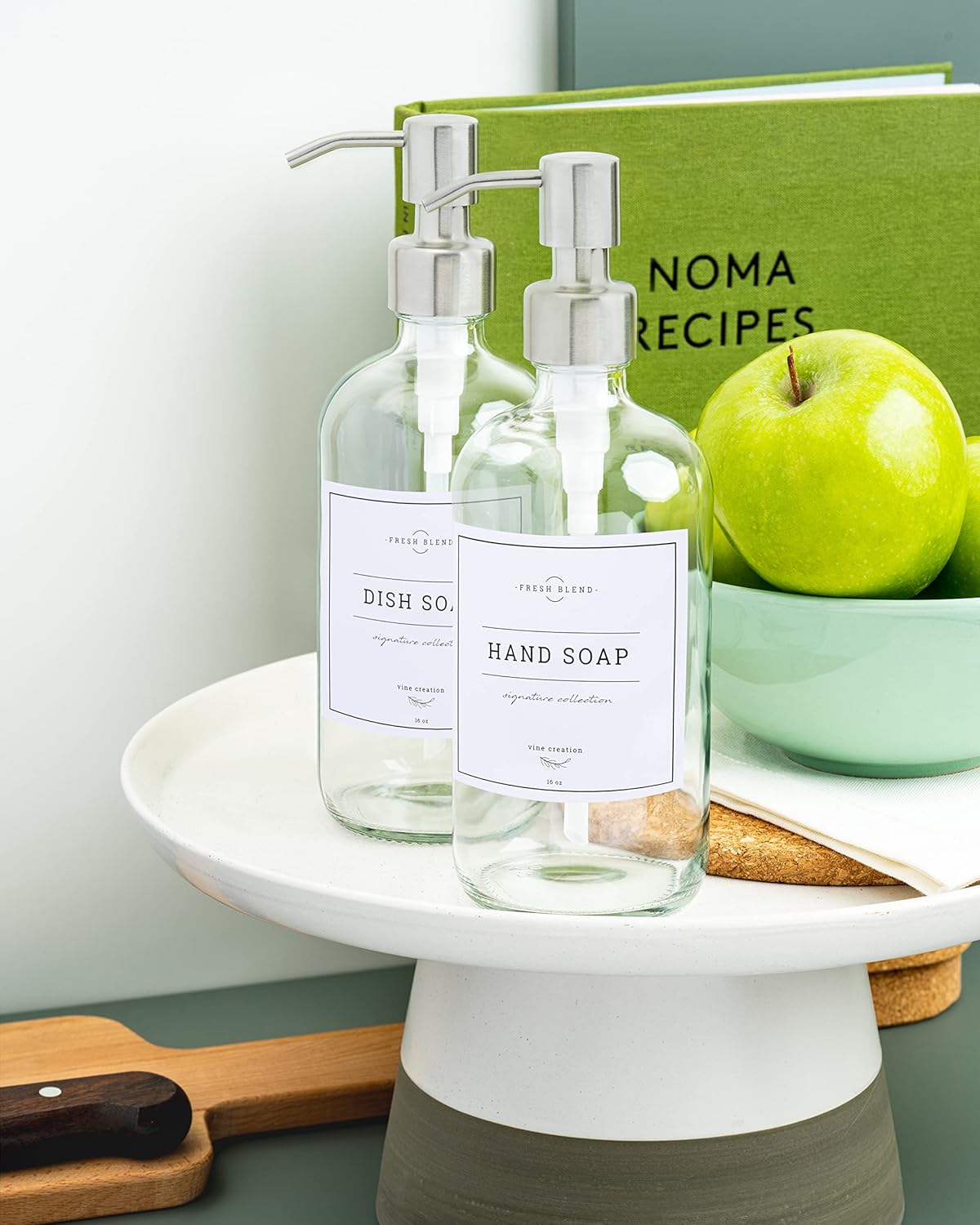 Vine Creations Clear Glass Soap Dispenser, 2 Pack Kitchen Soap Dispenser Set with Stainless Steel Pump, 16 oz Hand Soap or Dish Soap for Bathroom or Kitchen with Waterproof Labels