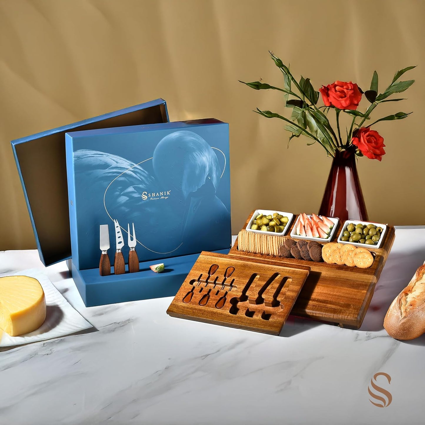 Shanik Large Acacia Wood Charcuterie Board Set with 3 Removable Ceramic Bowls & Serving Utensils - Housewarming, Wedding, Bridal Shower, Home and Kitchen, New Home Gift Ideas for Women, Gifts for Her