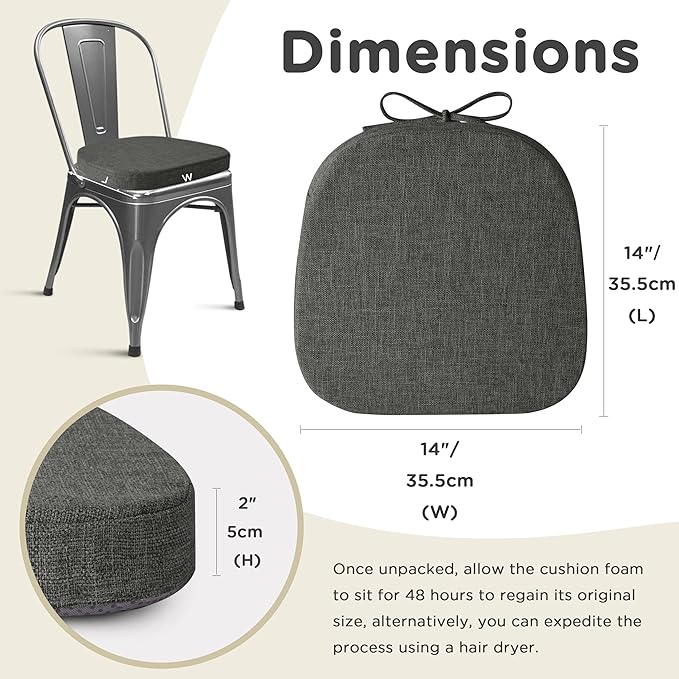 AddGrace Set of 6 Chair Cushions for Metal Dining Chairs 14x14 Chair Pads with Ties Non Slip Thick Seat Cushions with Textured and Removable Cover Dark Grey